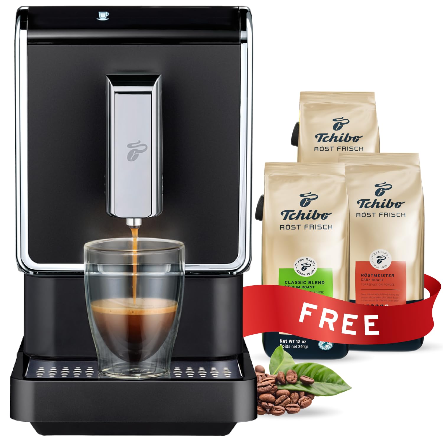 Tchibo Automatic Espresso & Coffee Machine Bundle with Built-in Grinder, Comes With 2 x 17.6 oz. Bags of Whole Bean Coffee, Black