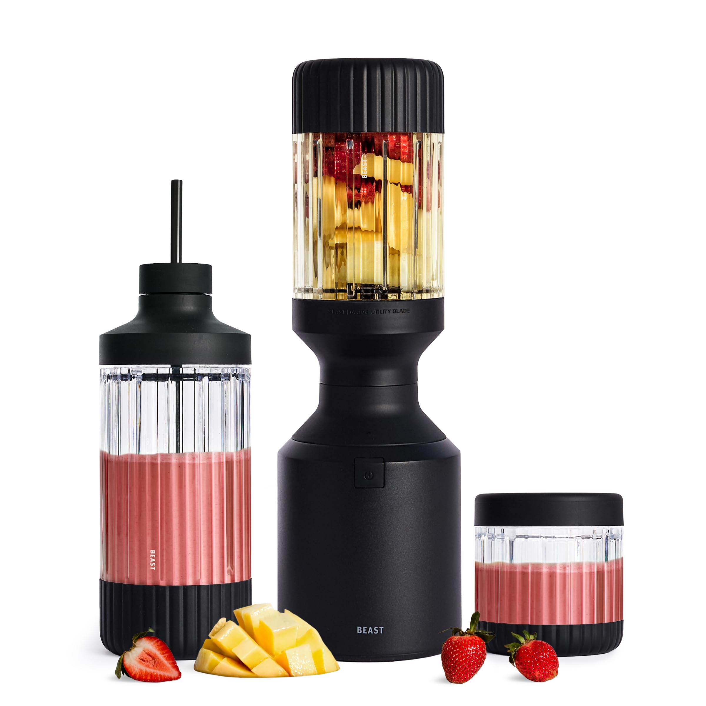 Beast Mega 1200 | Premium Countertop Blender | Smoothies, Shakes, Sauces, Dips, Soups | Blends Ice and Frozen Fruit | XL Vessel | Extra Vessels, Straw System Included | 1200W | (Carbon Black, 120V)