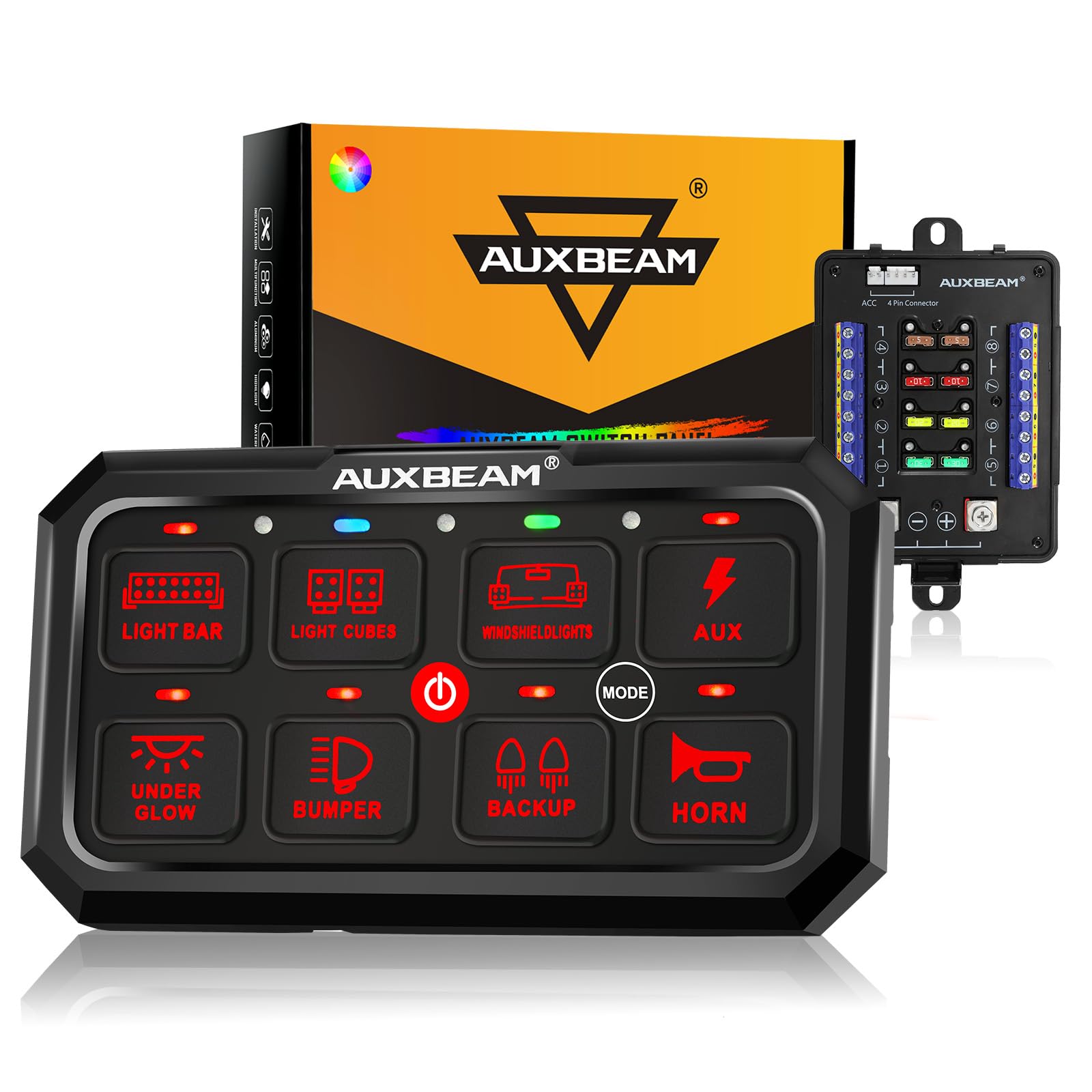 Auxbeam 8 Gang Switch Panel RB80 XL 5.3 Inch RGB Switch Pod Toggle Momentary Pulsed 12-24V Led Switch Panel Auxiliary Circuit Control Relay System for Truck Car Offroad UTV Waterproof 2 Years Warranty