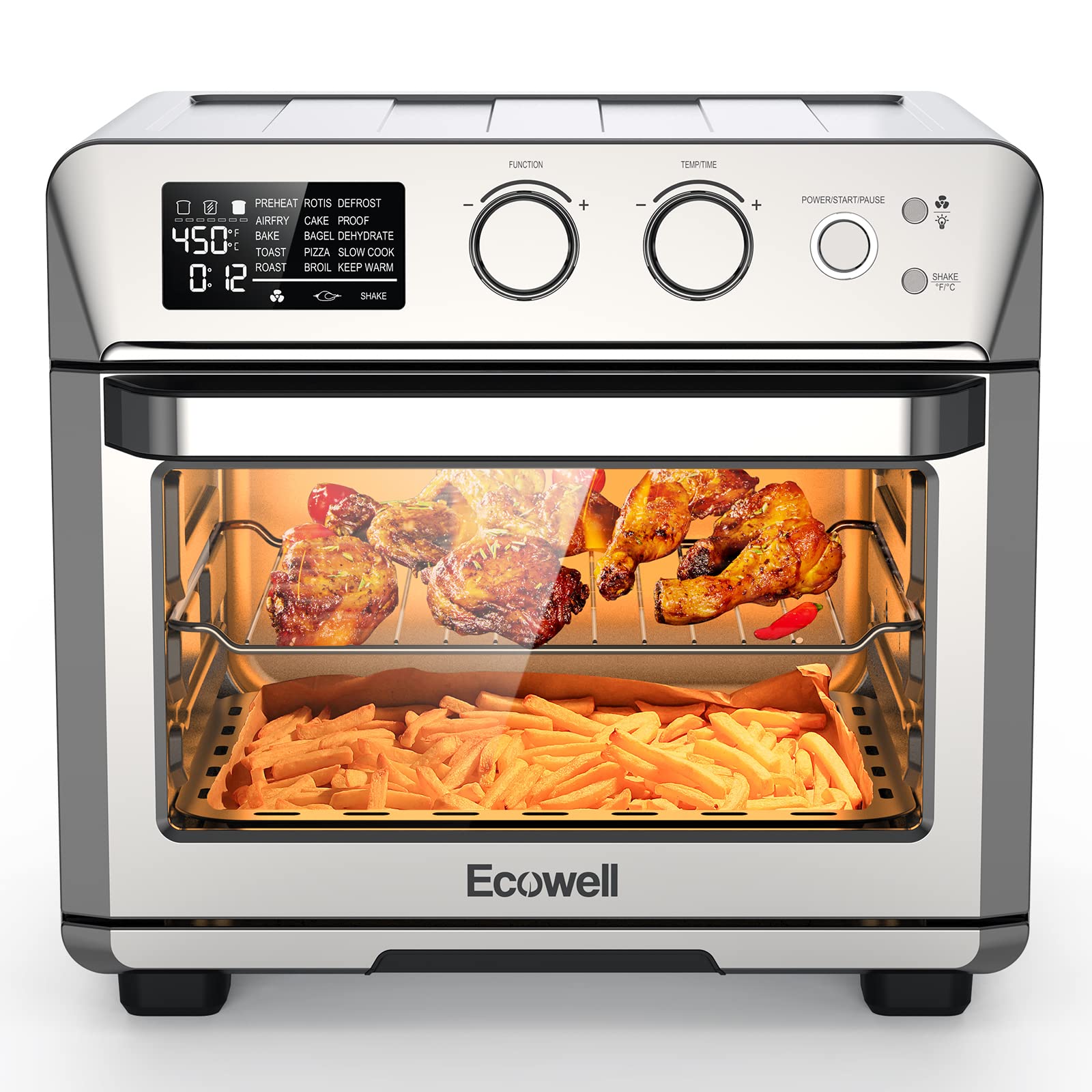 ECOWELL Air Fryer Toaster Oven Combo, 15-in-1 Airfryer Toaster Ovens Countertop, 26.4 QT Stainless Steel Air Fryers Convection Oven, for 360° Even & Healthy Cooking, Model: ECOKX01, Silver