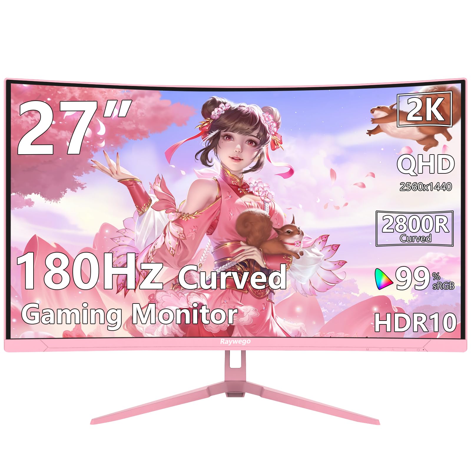 Raywego Pink 27 inch Curved Gaming Monitor 180Hz,QHD 1080P,1800R LED Display,Pink Computer Monitor,1ms (MPRT),FreeSync,Eye-Care Technology, DP, HDMI Port for Gaming Home Office,VESA(100mm*100mm)