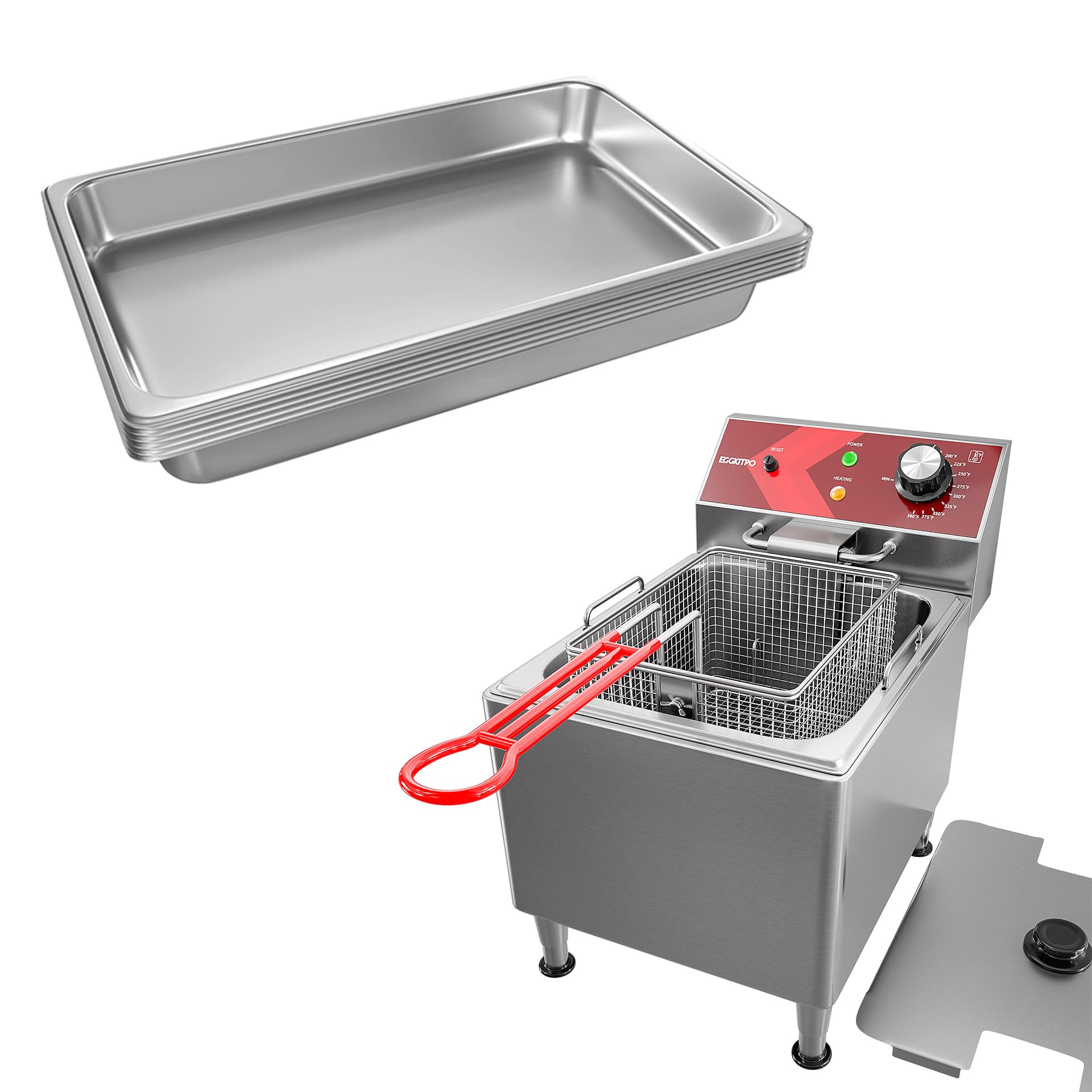 EGGKITPO 12L Deep Fryer with Basket 120V 1800W and 6-Pack 2.5 Inch Full Size Catering Pans for Commercial Kitchen Supplies