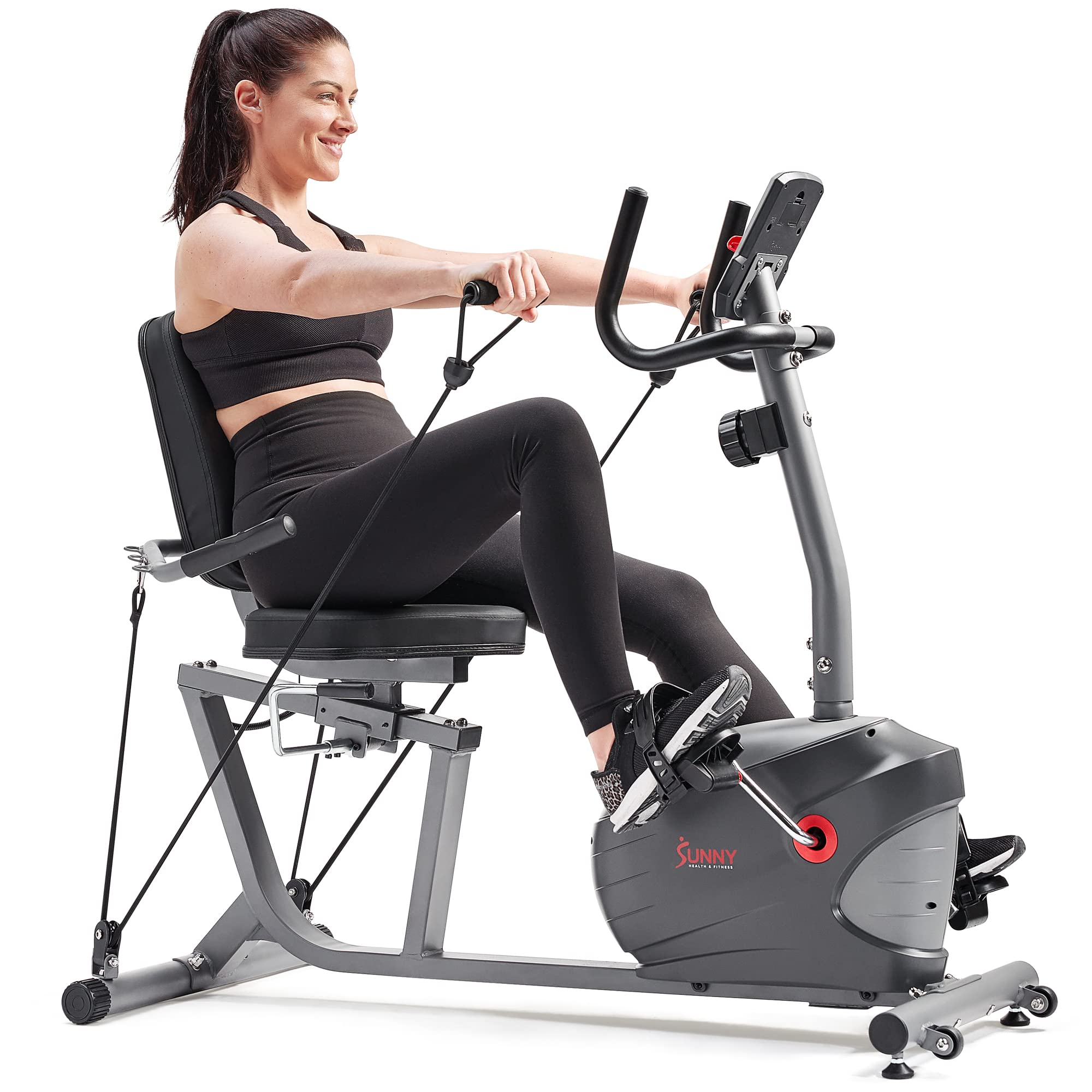 Sunny Health & Fitness Smart Magnetic Recumbent Exercise Bike Trainer w/Arm Exerciser for Full Body Workout, Indoor Cardio Cycling Machine for Seniors, Bluetooth Link to SunnyFit App-SF-RB420031