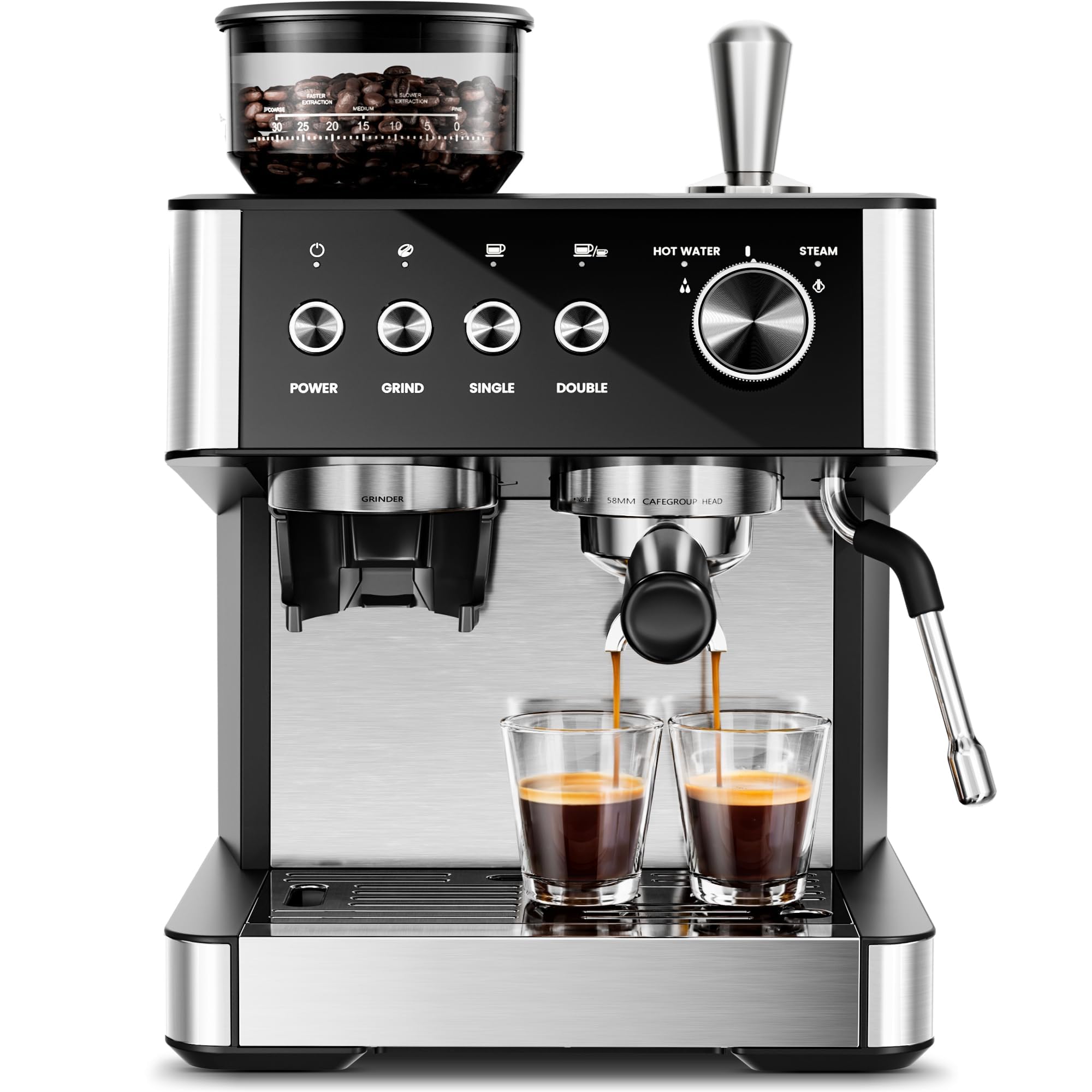 Kismile Espresso Machines with Grinder,20 Bar Professional Espresso Maker with Removable Water Tank,Milk Frother Steam Wand for Latte&Cappuccino,Ideal for Home/Office(BLACK)