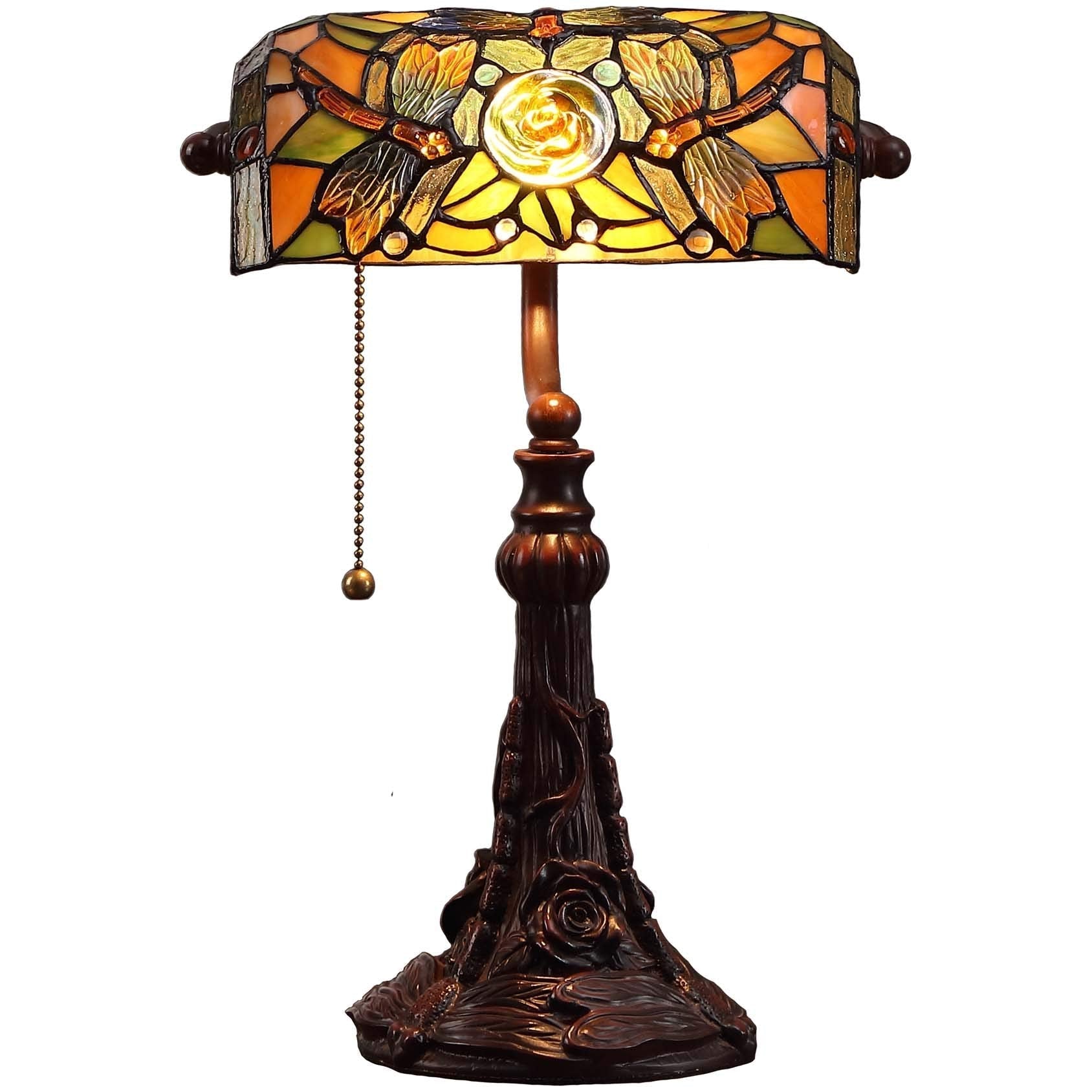 Bieye L10308 Dragonfly Tiffany Style Stained Glass Banker Desk Table Lamp with 10-inches Wide Lampshade for Reading Working, 16 inches Tall (Amber)