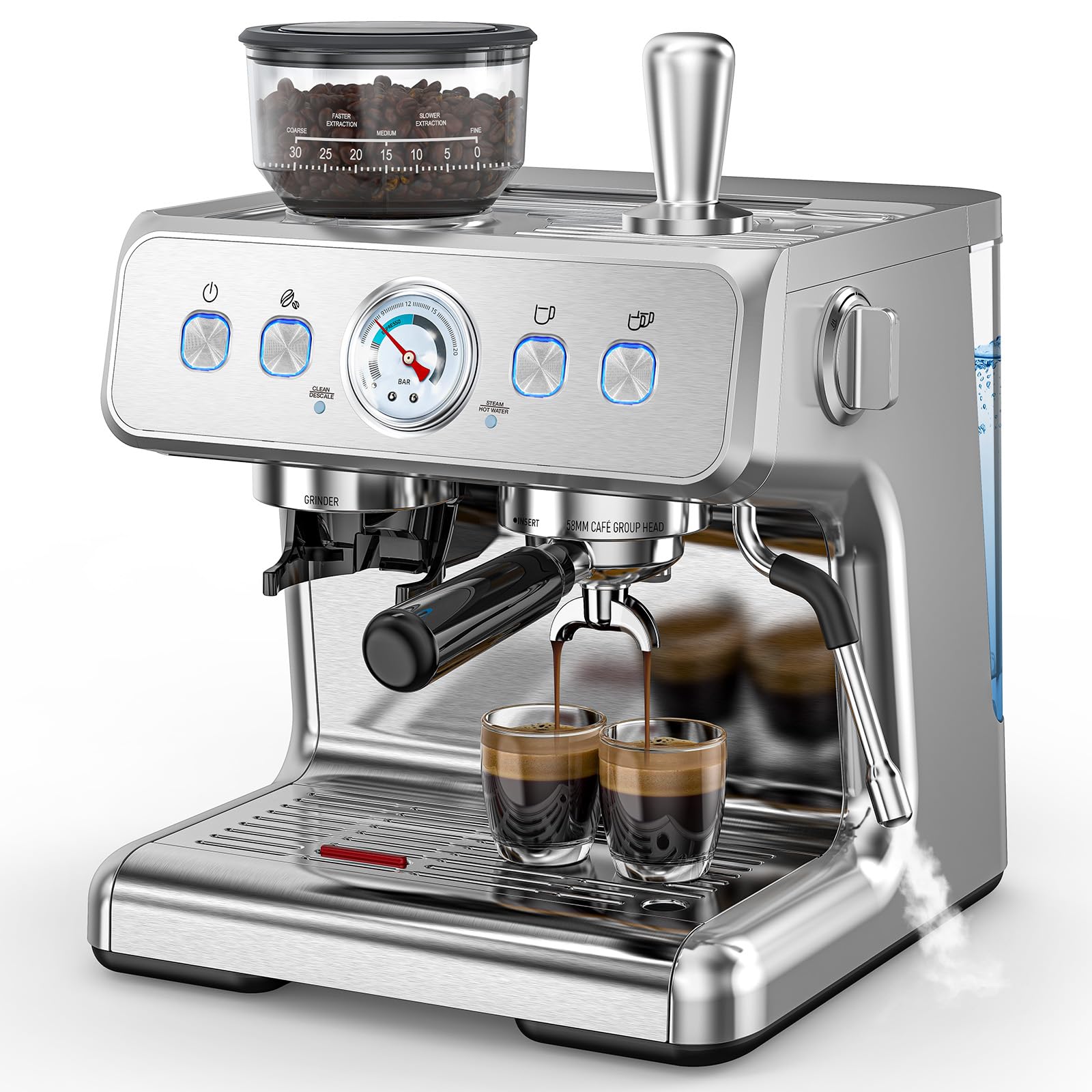 COWSAR Espresso Machine 15 Bar, Semi-Automatic Espresso Maker with Bean Grinder & Milk Frother Steam Wand, 75 Oz Removable Water Reservoir, Self-Cleaning, Ideal for Cappuccino/Latte, Stainless Steel