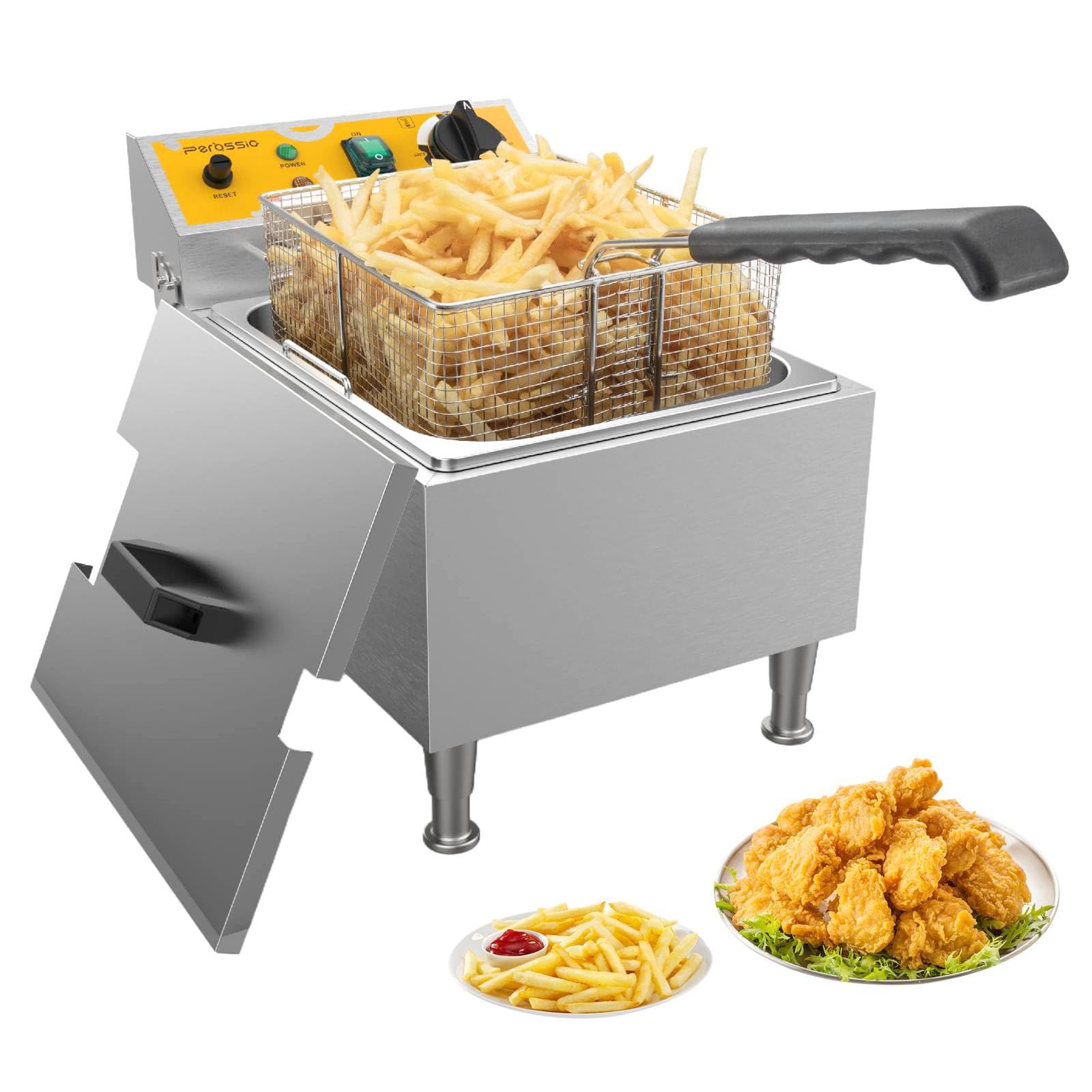 Perossia Large Deep Fryer with Basket and Lid 10L(10.6Qt), 304SS Electric Deep Fryer for Home and Commercial, Countertop Deep Fryers, 1750W Fast Heating, 120V