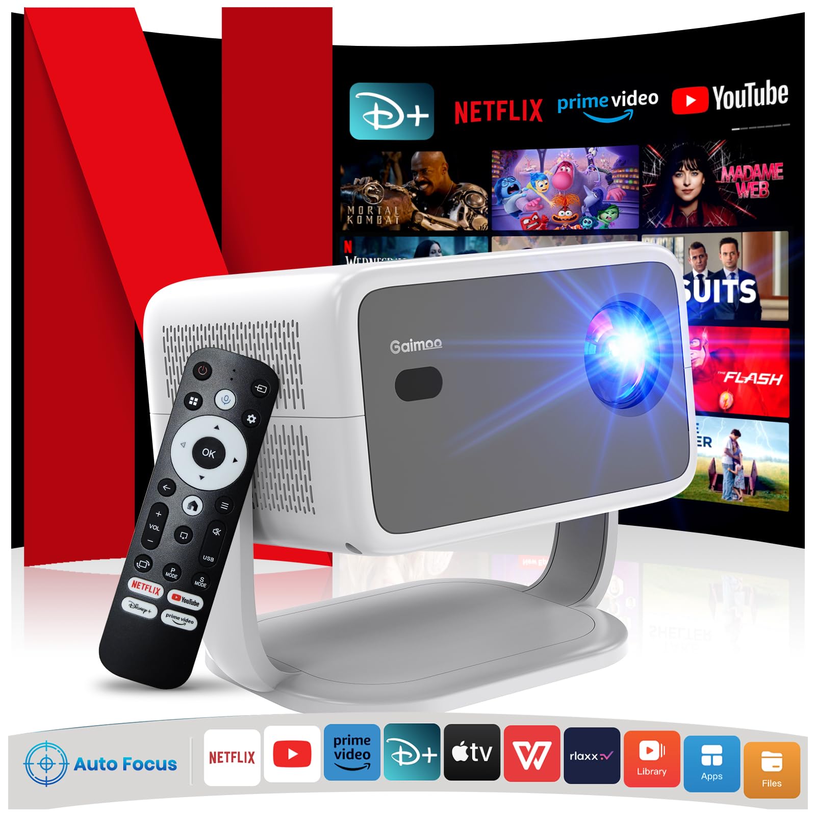 Projector [NetfIix Official/Auto Focus/360° Rotatable Stand] 4K Projector with Wifi and Bluetooth 1080P Native, One-Click Use Built-in NetfIix/YouTube/PrimeVideo/D+, Smart Home Outdoor Projector Gery
