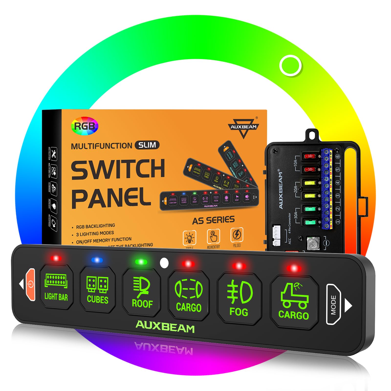 Auxbeam 6 Gang Slim Switch Panel RGB AS-R60 Toggle Momentary Pulsed Dimmable Backlight Multifunction Switch Panel with Memory Function for 12-24V Truck Offroad Car Marine Waterproof 2 Years Warranty
