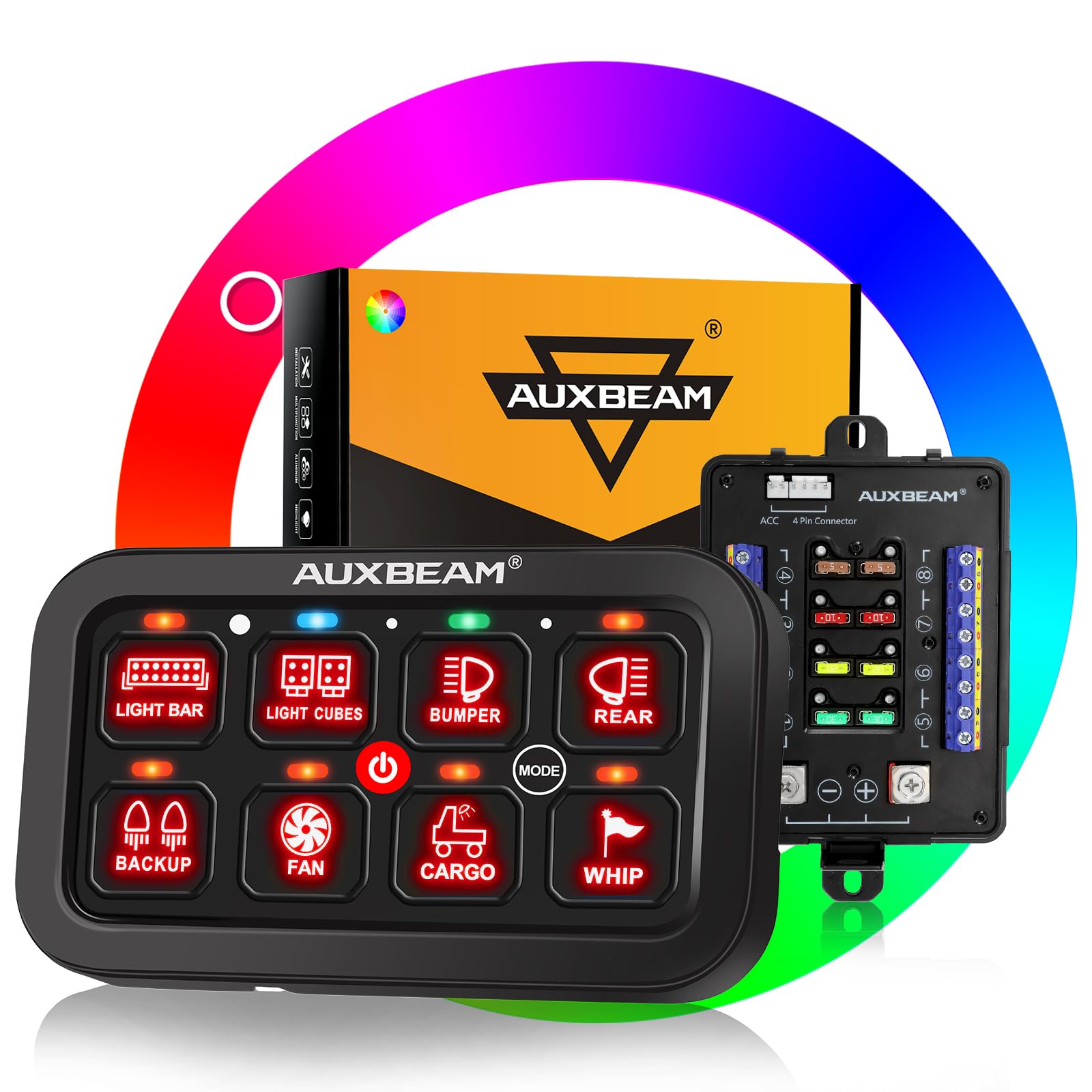 Auxbeam Switch Panel RB80 RGB 8 Gang Switch Panel Auto-Dimmable Multifunction Switch Panel w/Momentary Toggle Pulsed Memory, Aluminum Switch Panel for Truck Boat Car RV Waterproof, 2-Year Warranty