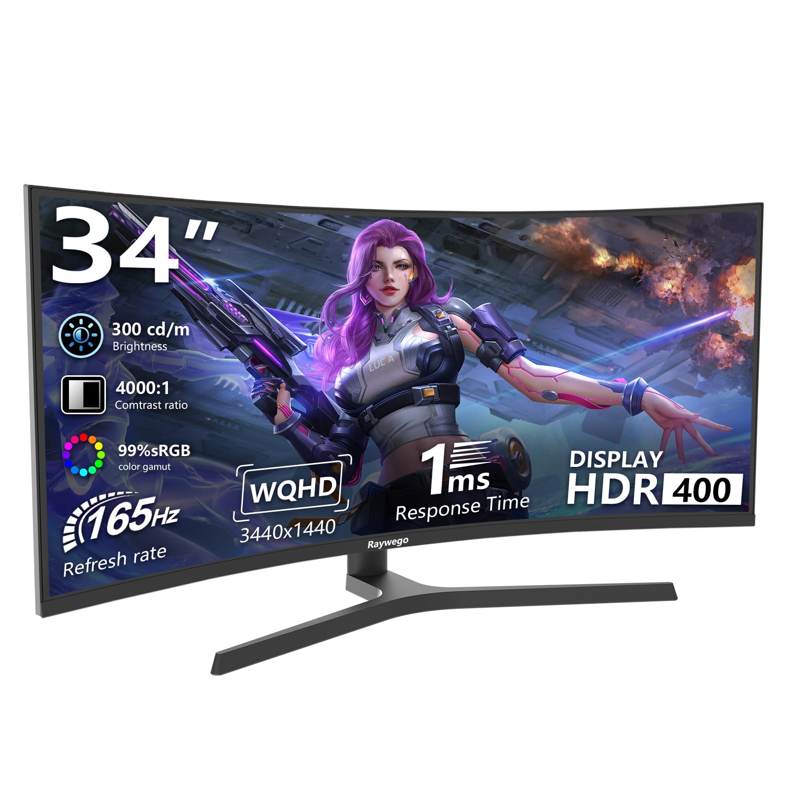 Raywego 34 inch Curved Ultrawide Computer Gaming Monitor 165Hz,UWQHD 3440x1440,1500R -PIP,1ms (MPRT),HDR, 300nits, sRGB99%,FreeSync,HDMI2.0(TMDS) x2,DP1.4 x2,Eye Care,VESA,Support Lifting Base