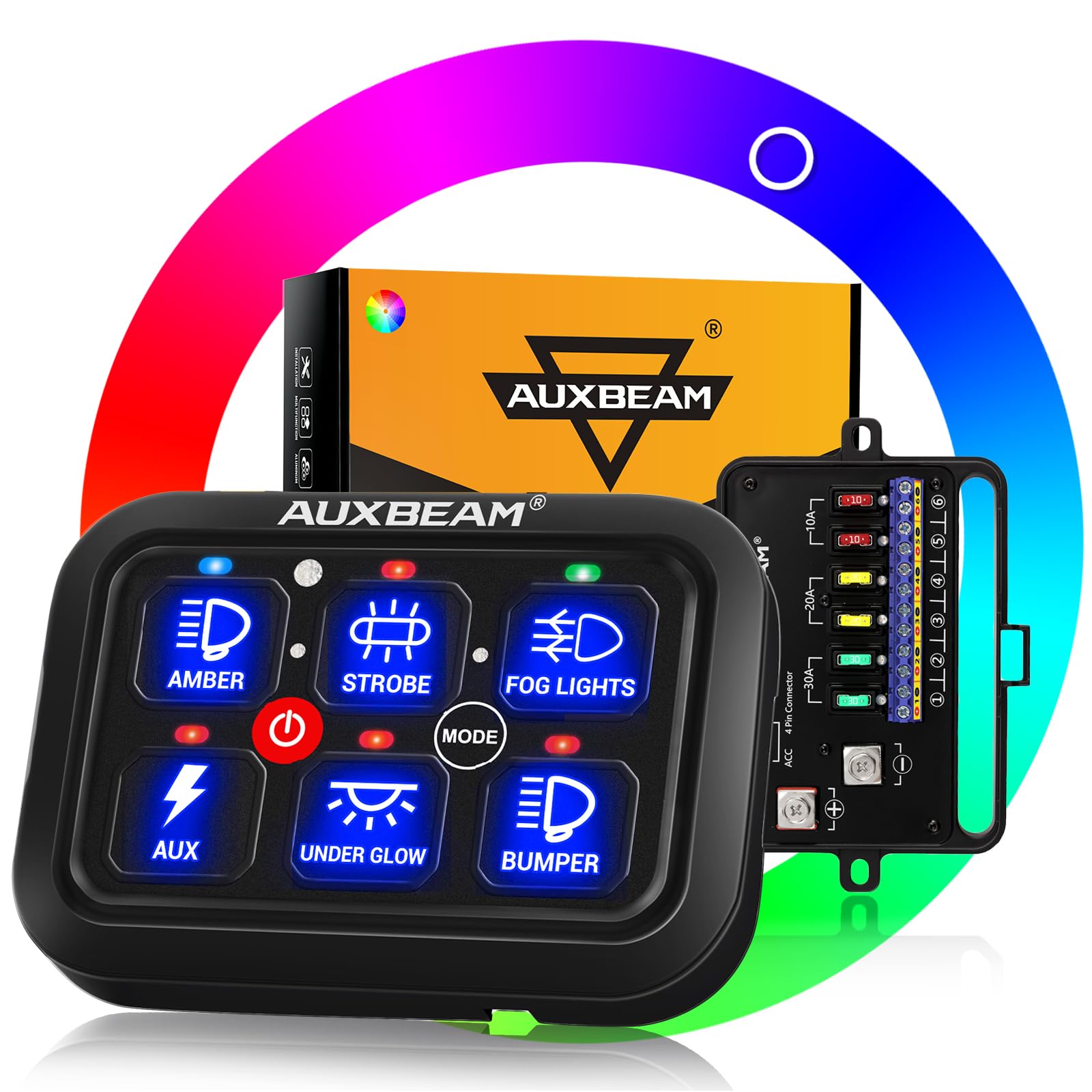 Auxbeam RGB 6 Gang Switch Panel RA60 Auto-Dimmable Switch Panel w/Momentary Toggle Pulsed, Control Panel Switch Pod w/Memory Function 12-24V Switch Panel for Truck UTV Boat Waterproof, 2-Year Warranty