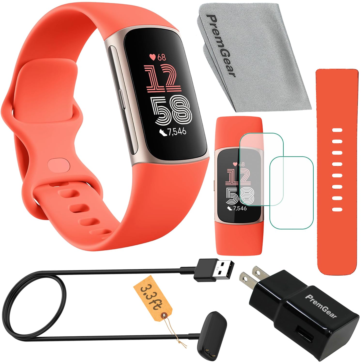 Fitbit Charge 6 Fitness Tracker Watch (Coral) Bundle with 2 Watch Bands, 3.3foot Charge Cable, Wall Adapter, 2 Screen Shields & Cloth
