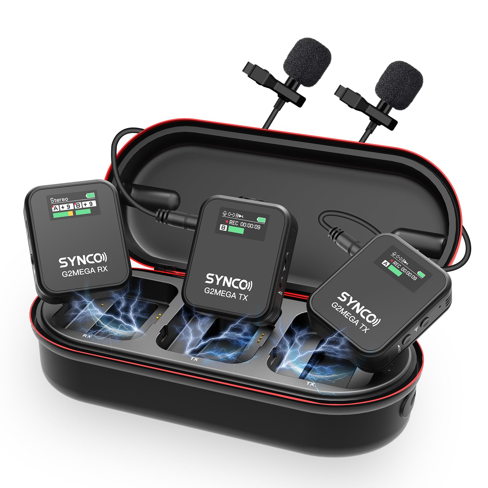 SYNCO Wireless Microphone System with Charging Case, G2A2 MEGA Dual Transmitter 8GB Storage of 24H 656ft Video Recording Streaming for Camera/Phone/PC/Laptop, Wireless-Lav-Mic-for-Camera