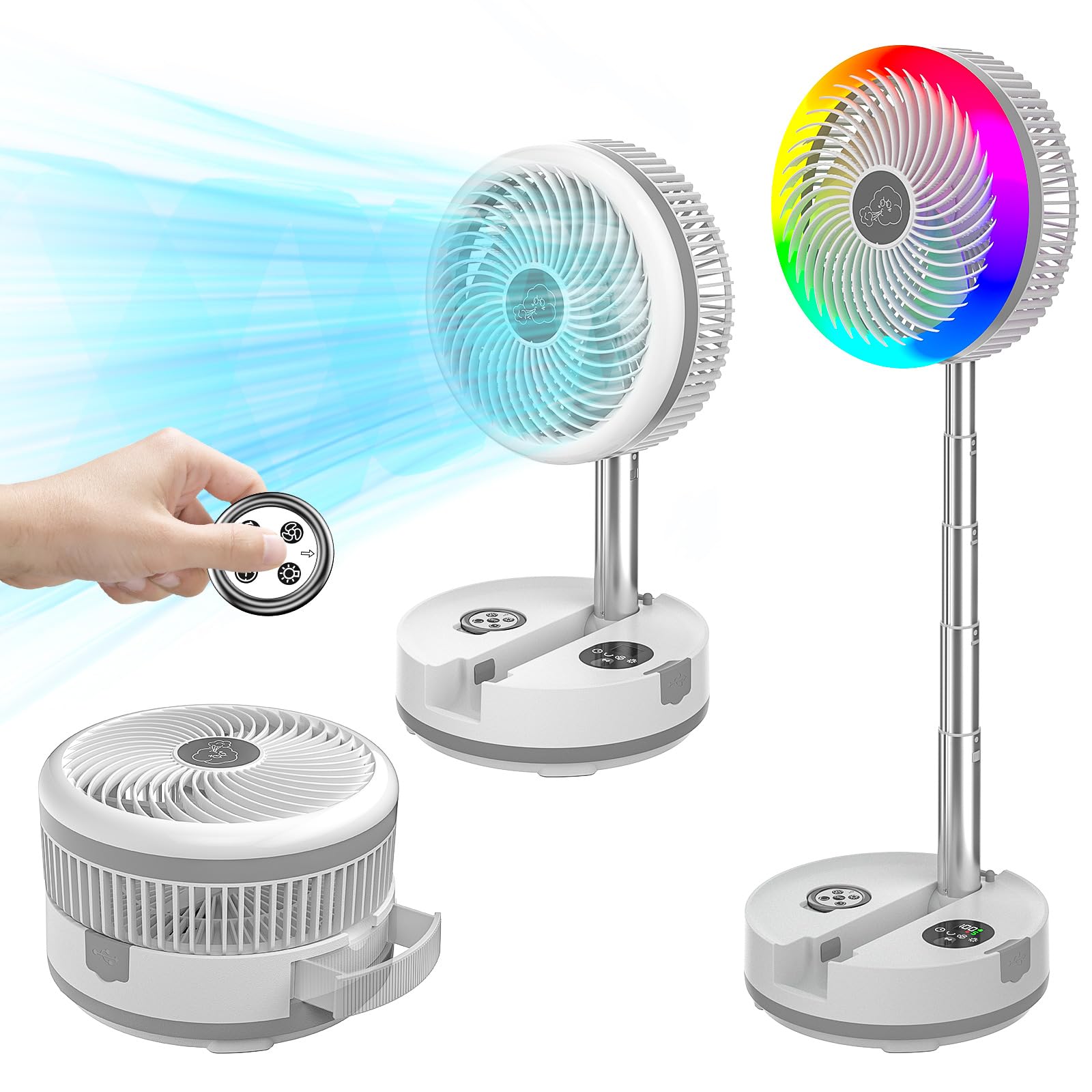 neofeel Portable Oscillating Standing Fan, 40000mAh Rechargeable Battery Operated Fan with Remote/Timer, RGB Lighting Fan, Pedestal Floor Fan for Bedroom Party Camping (White, 40000mAh)