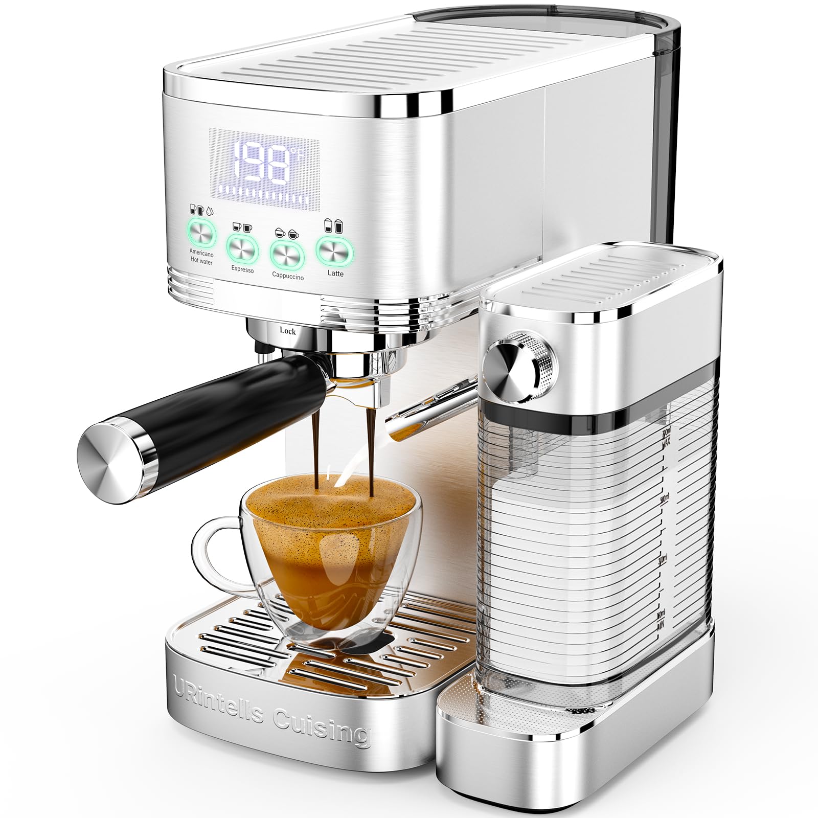 URintells Cuising Espresso Machine 20 Bar Cappuccino Latte Machine with Automatic Milk Frother,Temperature Control LED Display StainlessSteel Dual Heat System Coffee Maker with ESE Pod Filter for Home