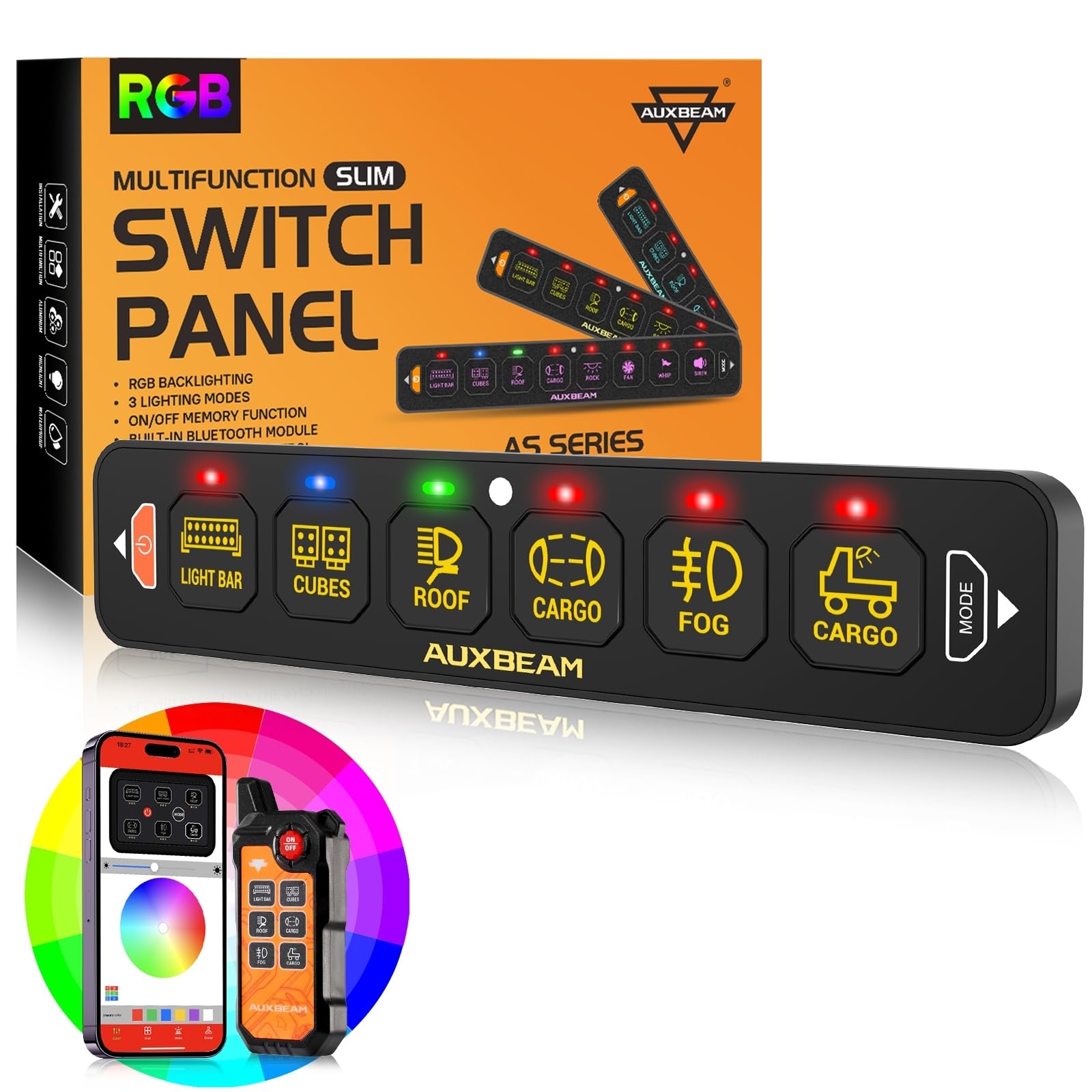 Auxbeam 6 Gang Slim Switch Panel Bluetooth RGB AS-600 with APP&Remote Control Toggle Momentary Pulsed Switch Pod Off Backlight for Truck Offroad UTV ATV Car Marine 12-24V Waterproof, 2 Years Warranty
