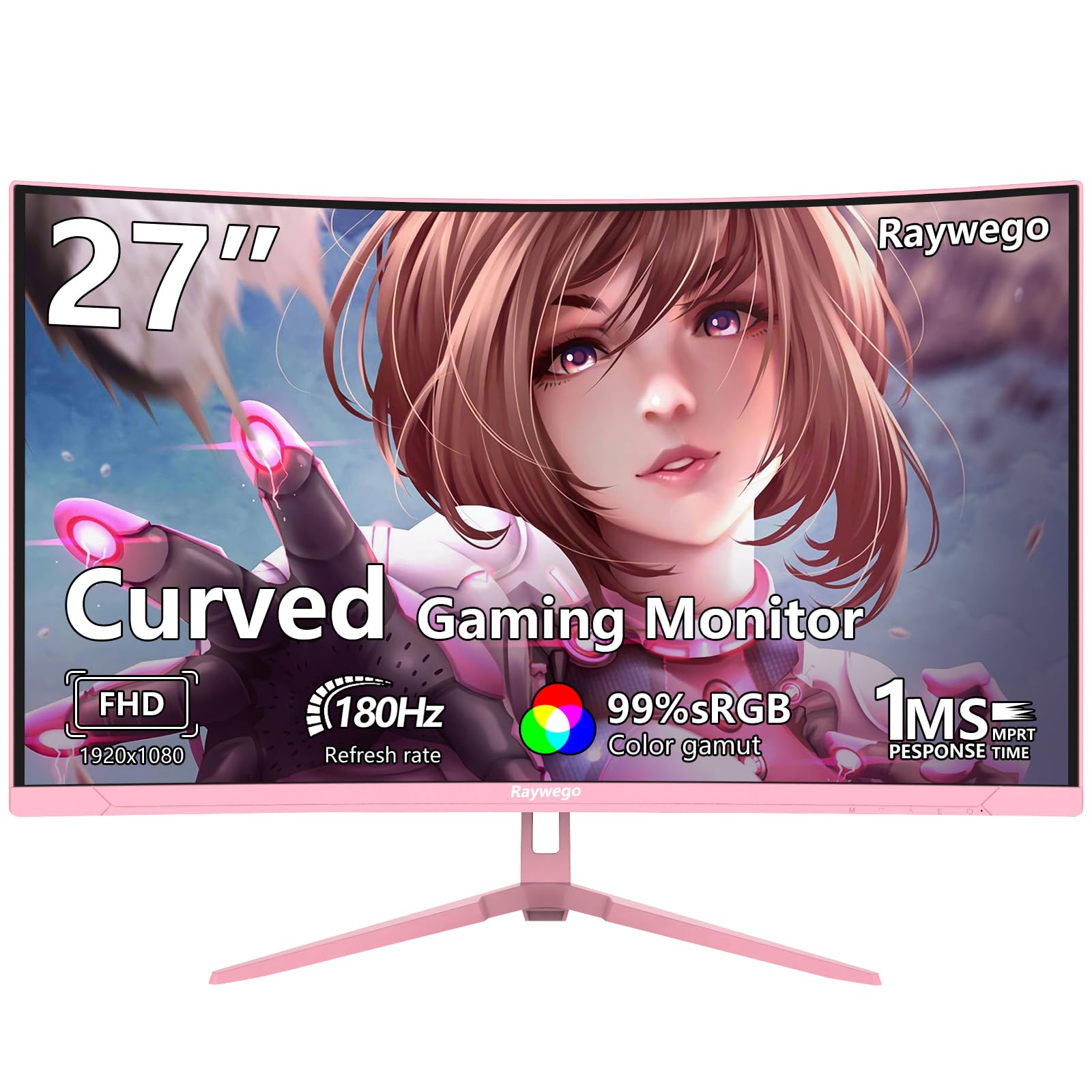Raywego Pink 27 inch Curved Gaming Monitor 180Hz,FHD 1080P,1800R LED Display,Pink Computer Monitor,1ms (MPRT),FreeSync,Eye-Care Technology, DP, HDMI Port for Gaming Home Office,VESA(75mm*75mm)