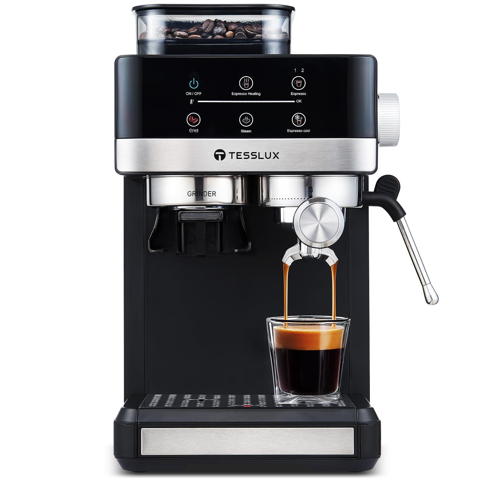 20 Bar Espresso Machine with Grinder, 20 Grind Settings, Hot & Cool Brew Functionality, Powerful Frothing System, Compact Design - Perfect for Home Baristas