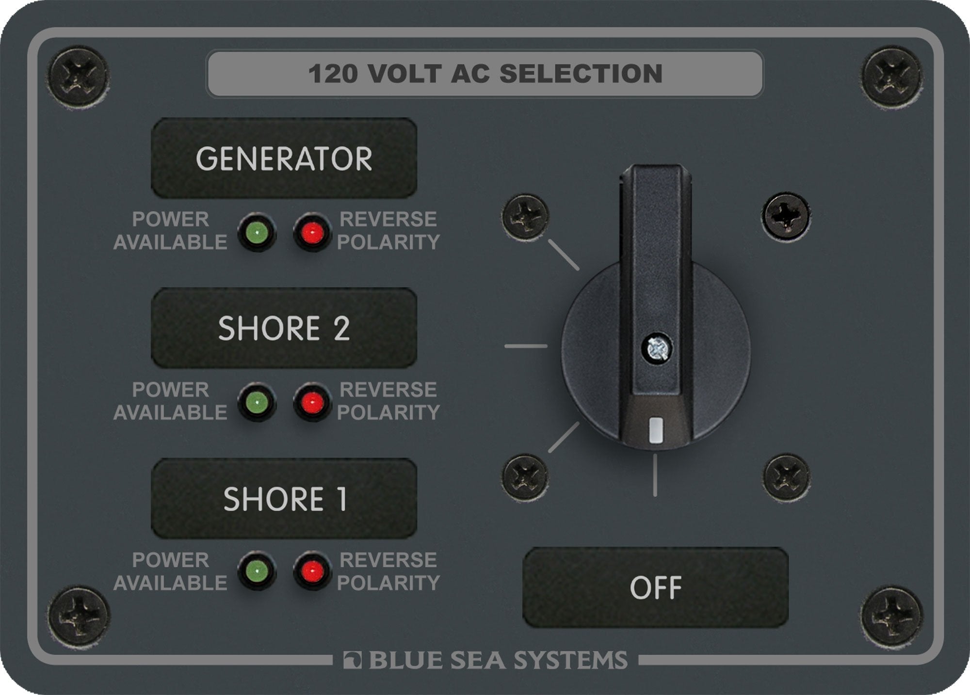 Blue Sea Systems 8366 AC Rotary Switch Panel 30 Ampere 3 positions + OFF, 2 Pole, Beige, 3.75" H x 5.25" W x 2.41" D