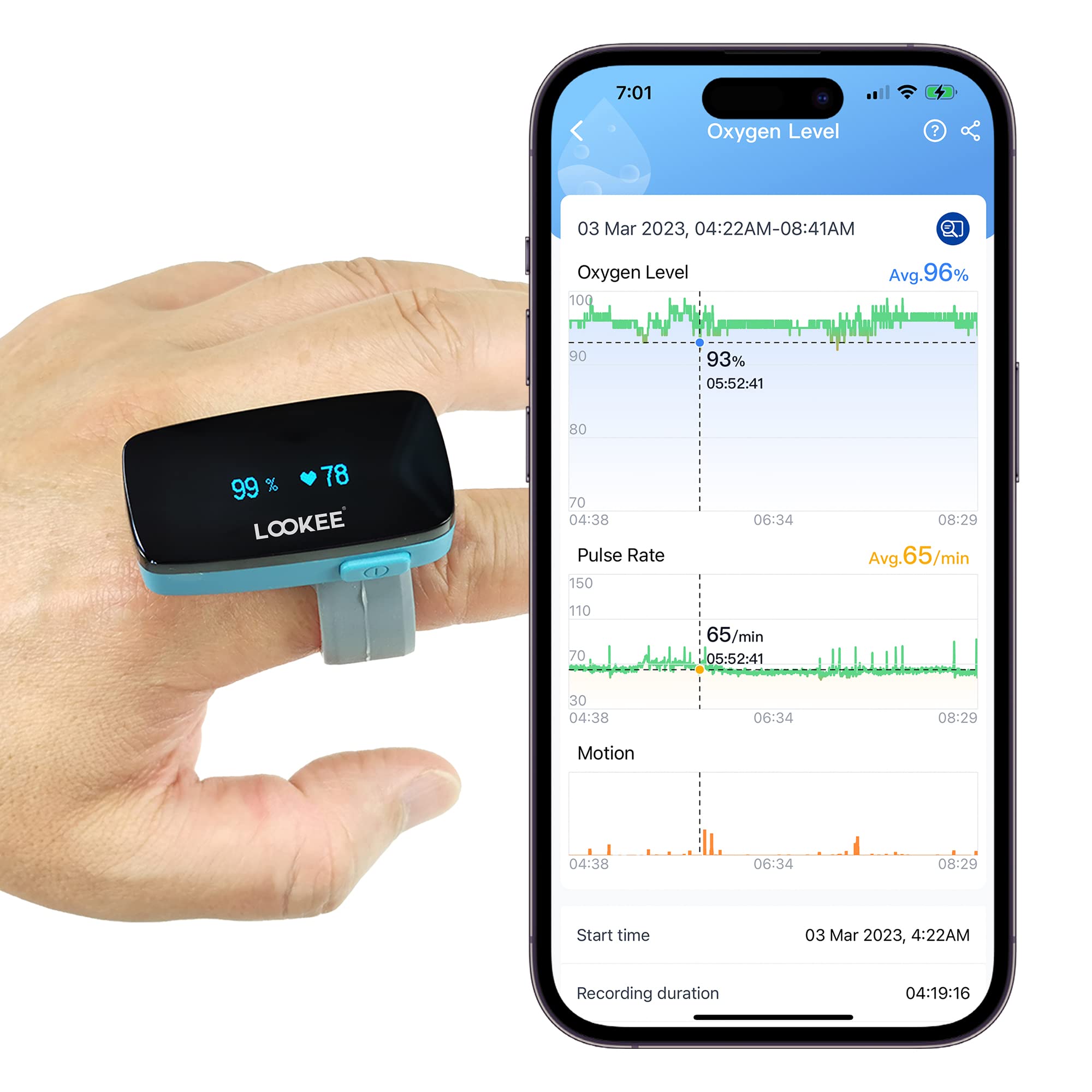 LOOKEE O2-Tracker Ring Continuous Pulse Oximeter - Wearable Oxygen Monitor with Vibration Reminder for Low O2 - Rechargeable Blood Oxygen Saturation SpO2 Meter - Free APP with Reports
