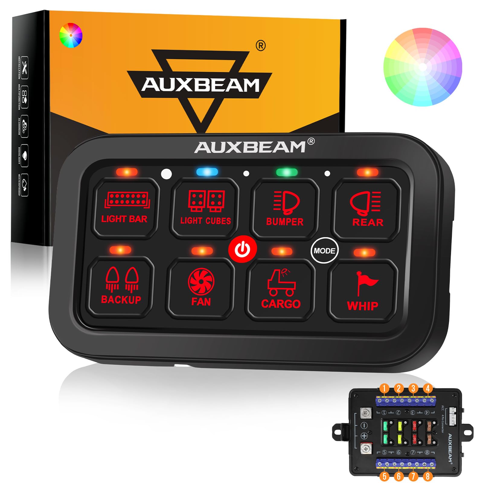 Auxbeam 8 Gang Switch Panel RB80 Toggle Momentary Pulsed RGB Dimmable Switch Panel Multifunction Switch Panel Two Sided Output Marine Switch Panel IP65 Waterproof for Car Boat RV, 2 Years Warranty