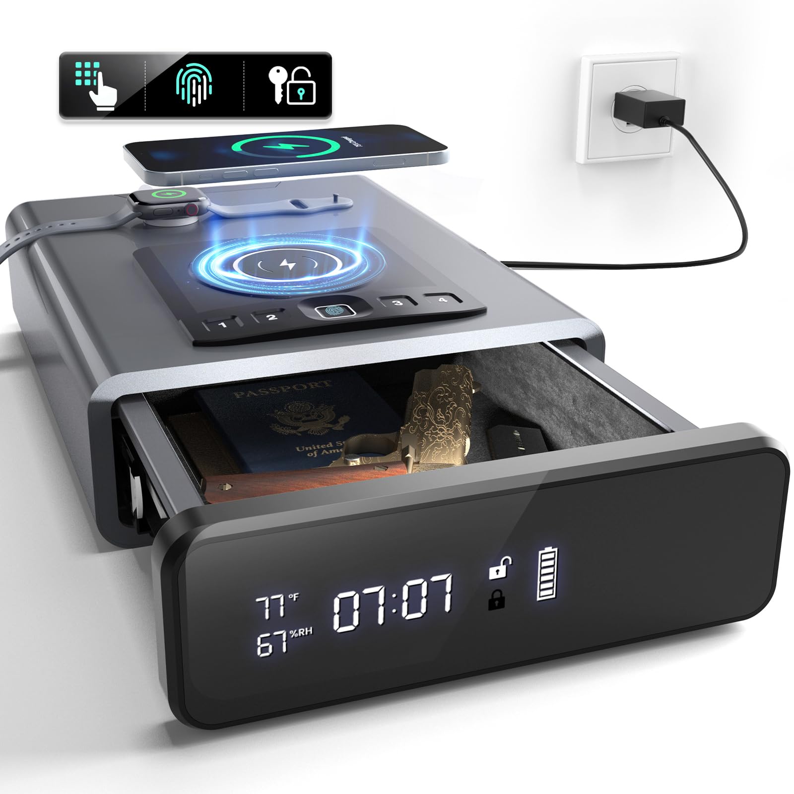 Grimtron Biometric Gun Safe for Handgun, Smart Clock Safe with 2-in-1 Watch & Phone Wireless Charging, Bedside Pistol Safe with Backlit Keypad, Nightstand Handgun Safe with LED Light
