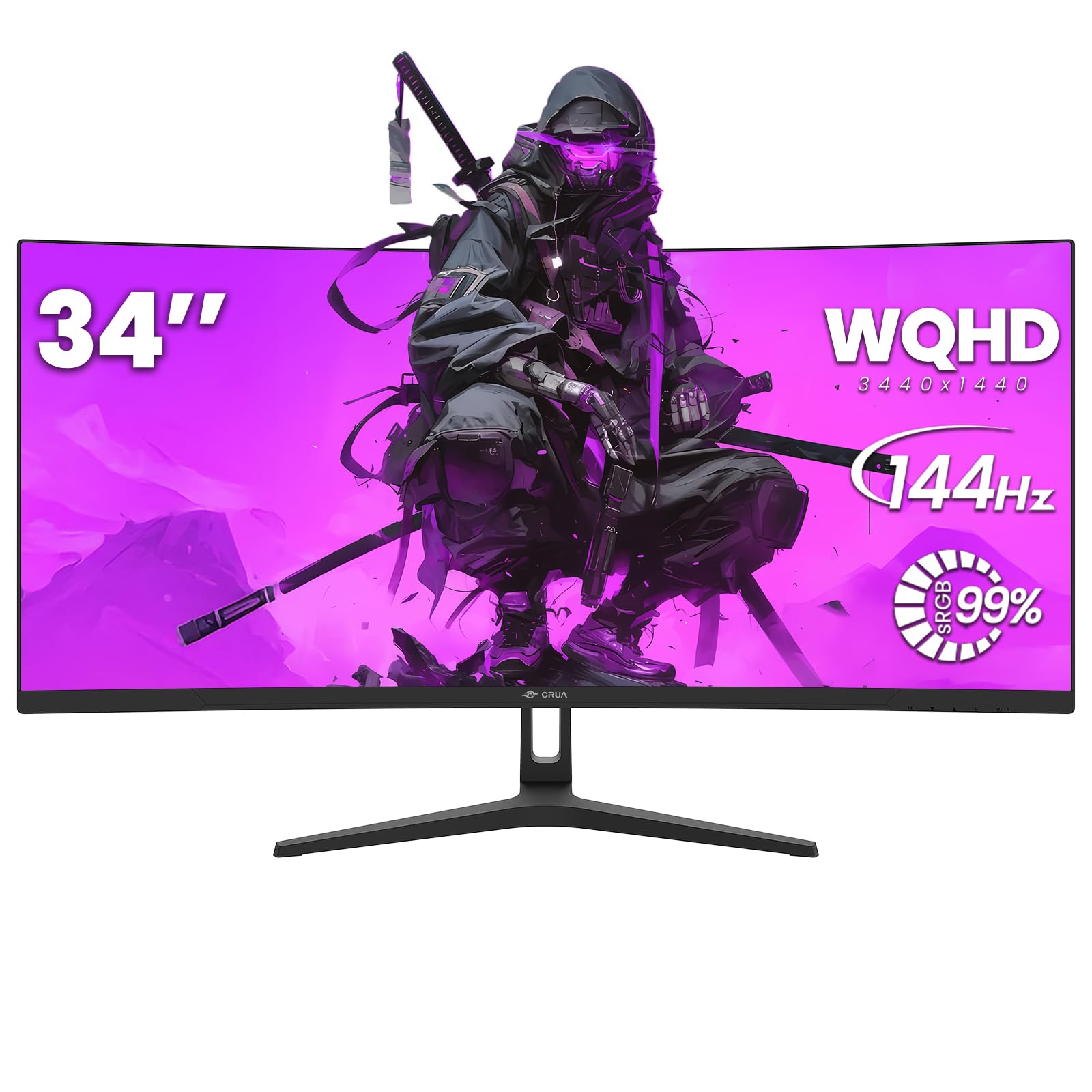 CRUA 34 Inch Curved Gaming Monitor, 21:9 WQHD (3440 * 1440P) 120% sRGB 144Hz 1500R Ultrawide Computer Monitor Support Freesync, HDMI 2.0 & Displayport 1.4, Wall Mountable/Tilt Adjustable-Black