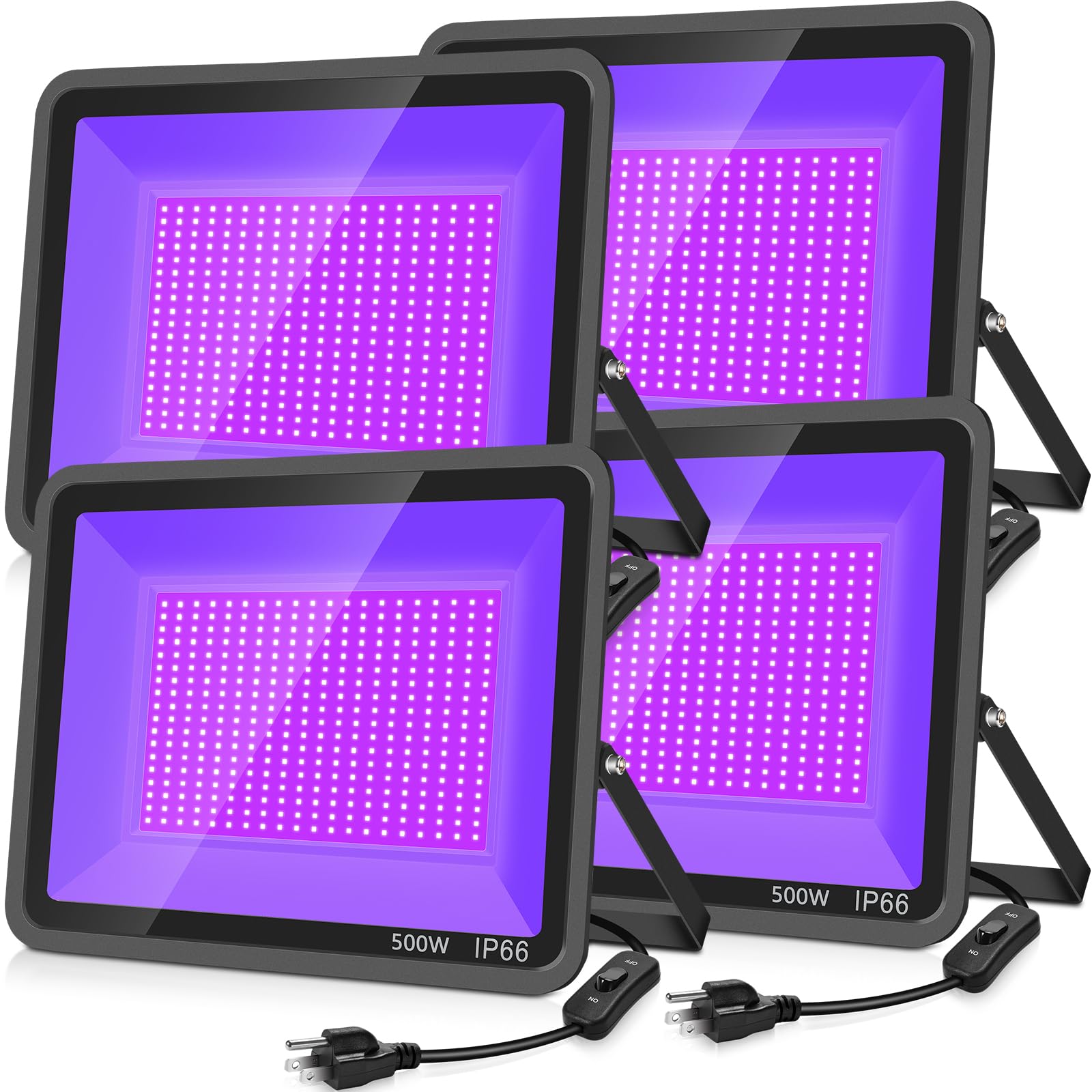 YANYCN 500W 4 Pack LED Black Light,Black Flood Light Outdoor with Plug and Switch, IP66 Waterproof 395nm to 405nm LED UV Blacklight Neon Glow for Glow Party, Halloween, Fluorescent Poster, Body Paint