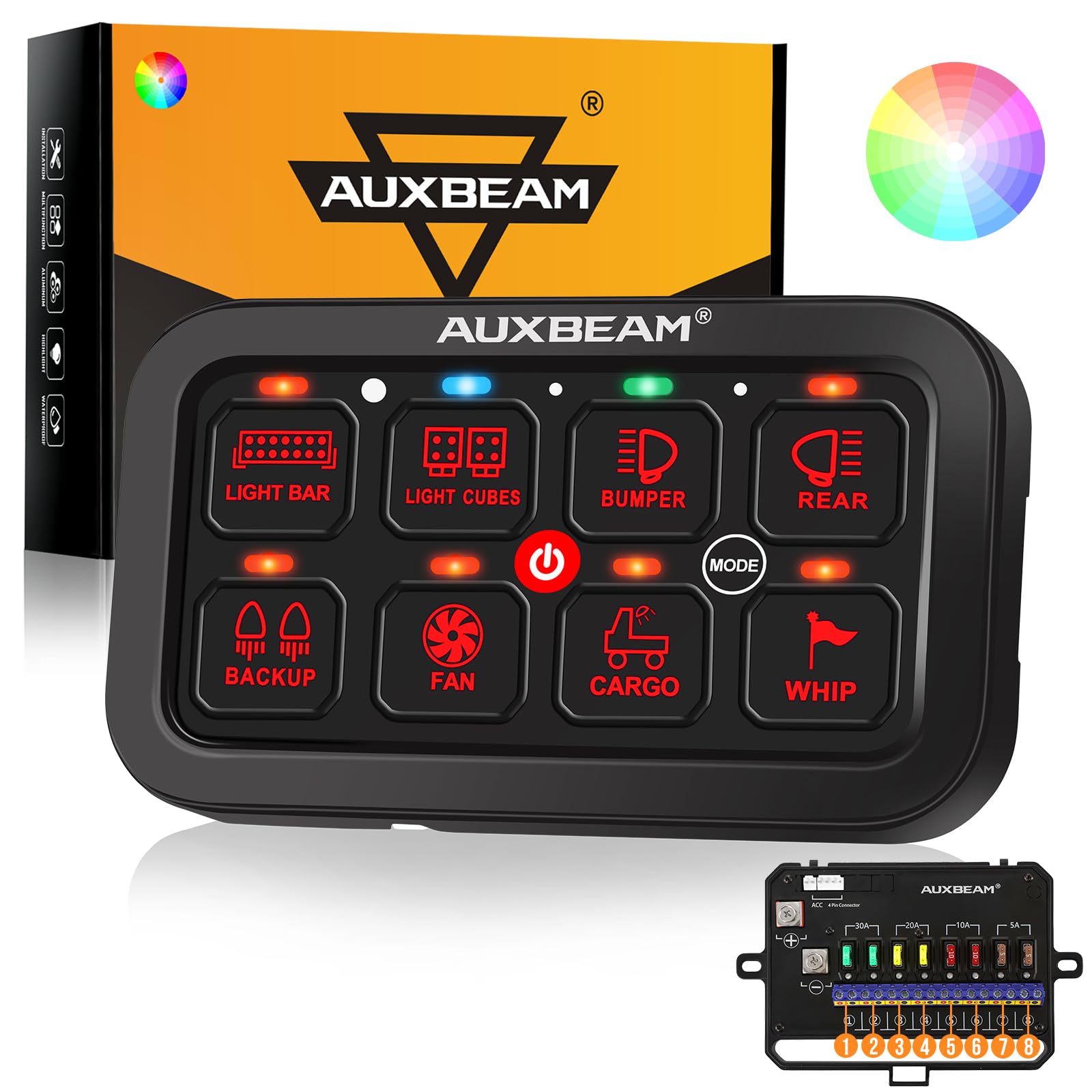 Auxbeam 8 Gang Switch Panel RA80 Toggle Momentary Pulsed RGB Dimmable Switch Panel Multifunction Switch Panel Easy Installation Marine Switch Panel IP65 Waterproof for Car Boat RV, 2 Years Warranty