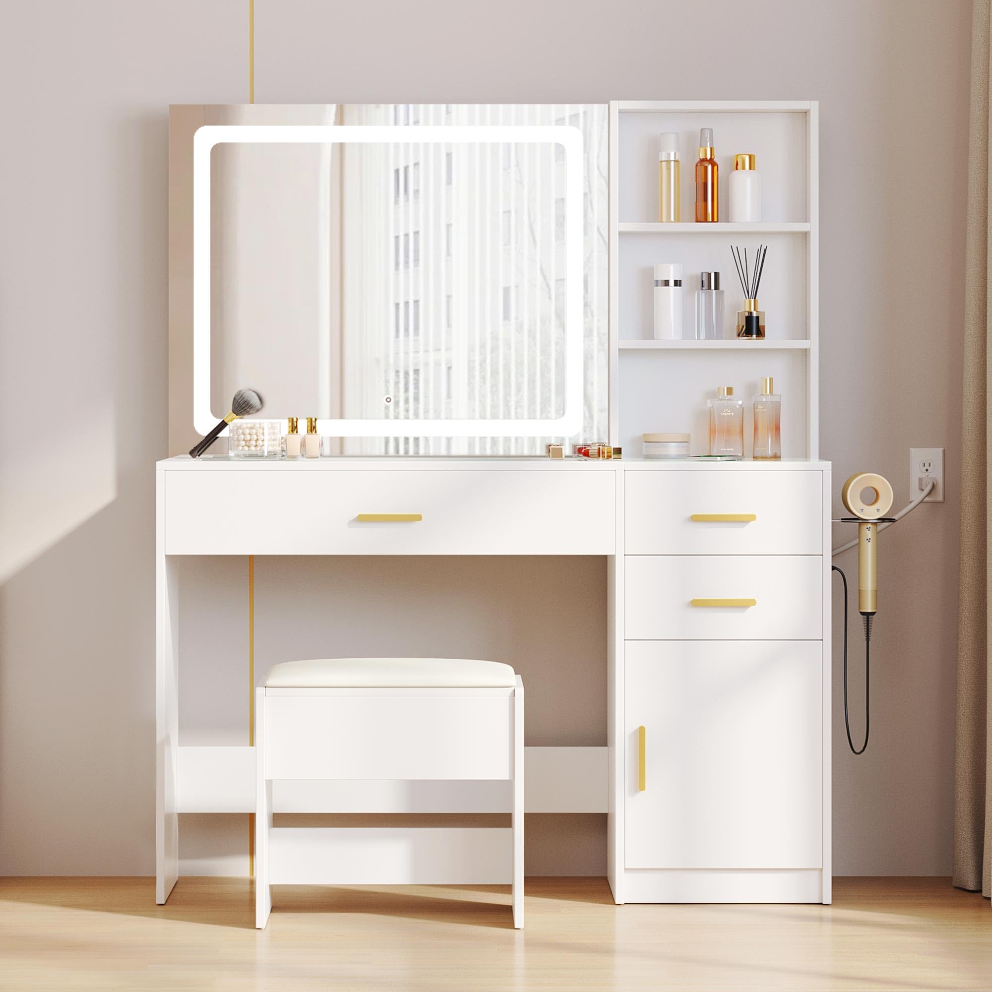 YITAHOME Vanity Desk Set, with Wireless Charging Station &Power Outlet, Vanity Mirror with Tempered Glass Top & Large Storage Spaces Vanity Table Set, Milk White