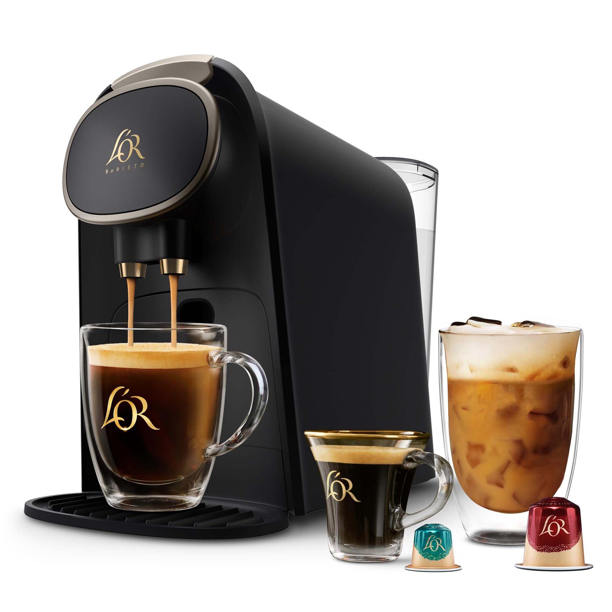 L'OR Barista System Coffee and Espresso Machine Combo by Philips, Premium Champagne Metallic Accents, Matte Black