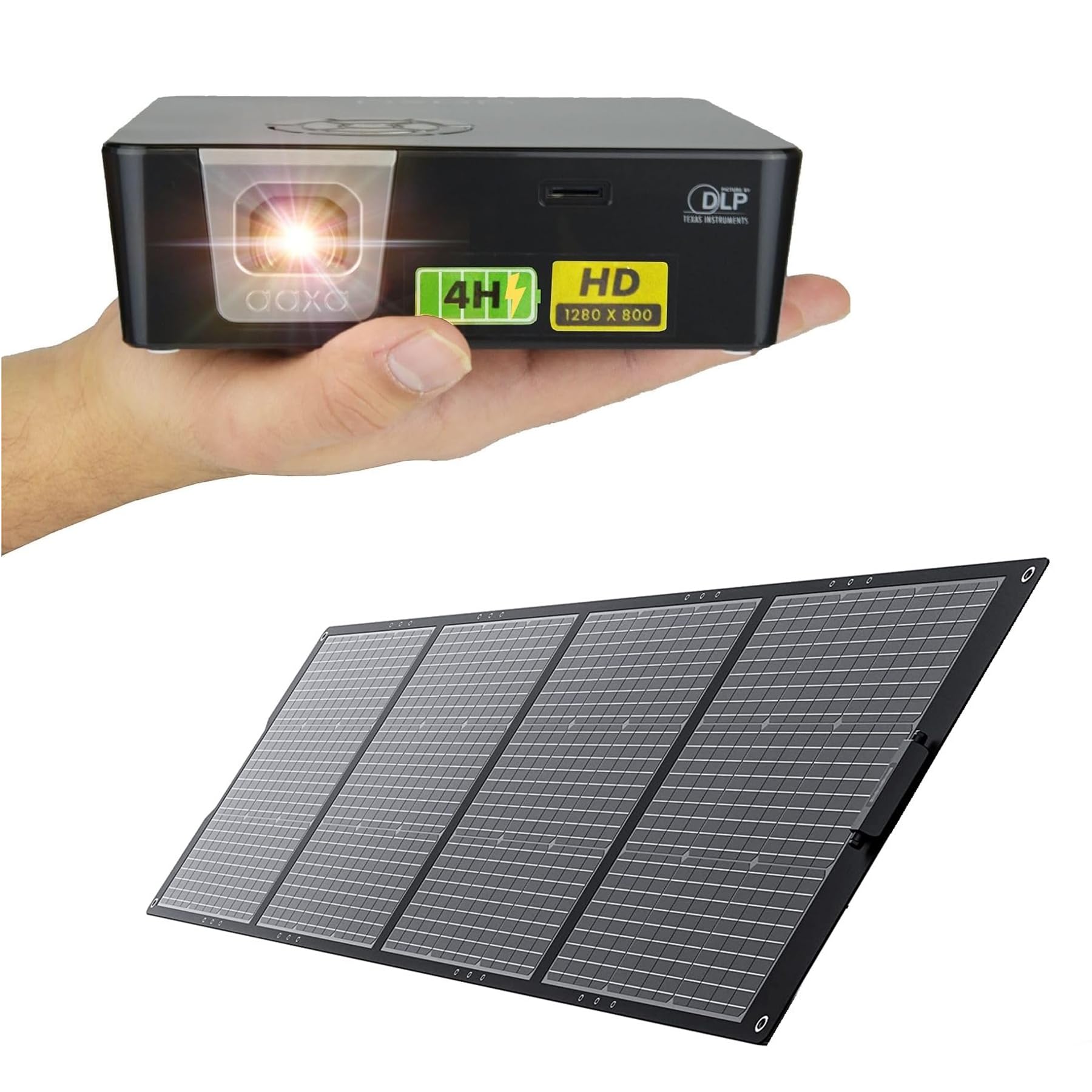 AAXA P6X 1000 Lumen with Foldable Solar Panel Charger Bundle, 4 Hour Battery USBC Video WiFi/BT Wireless Mirroring Portable Mini Projector DLP 1080p Support 30000 Hours LED HDMI/USBC/USB/microSD