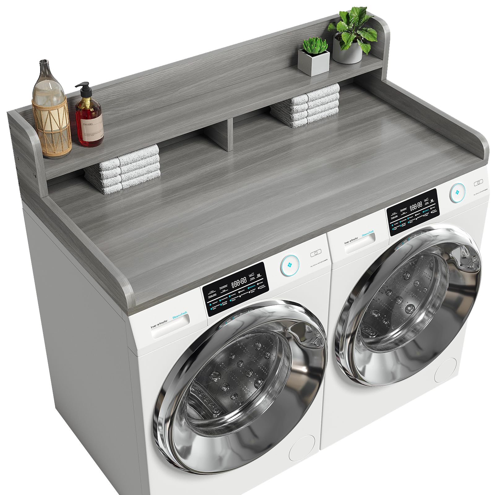 Corbyles 2-Tier Washer Dryer Countertop with 2.75"H Edge Rails, 54" W x 27.55" D Laundry Countertop for Folding Clothes, Washer and Dryer Topper with Non-Slip Pad (Stripe Gray)