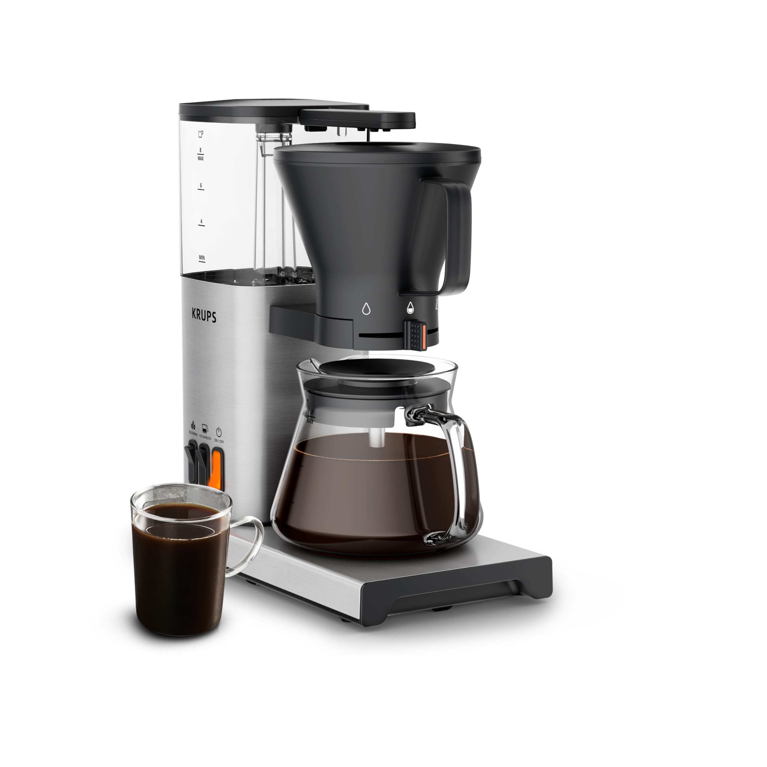 KRUPS Essential Brewer 8 Cup Drip Coffee Maker Machine SCA-Certified, Blooming Technology, Barista-Quality Precise Brewing, Stainless Steel Design and Aroma Tube, Easy to Clean Dishwasher Safe, Silver