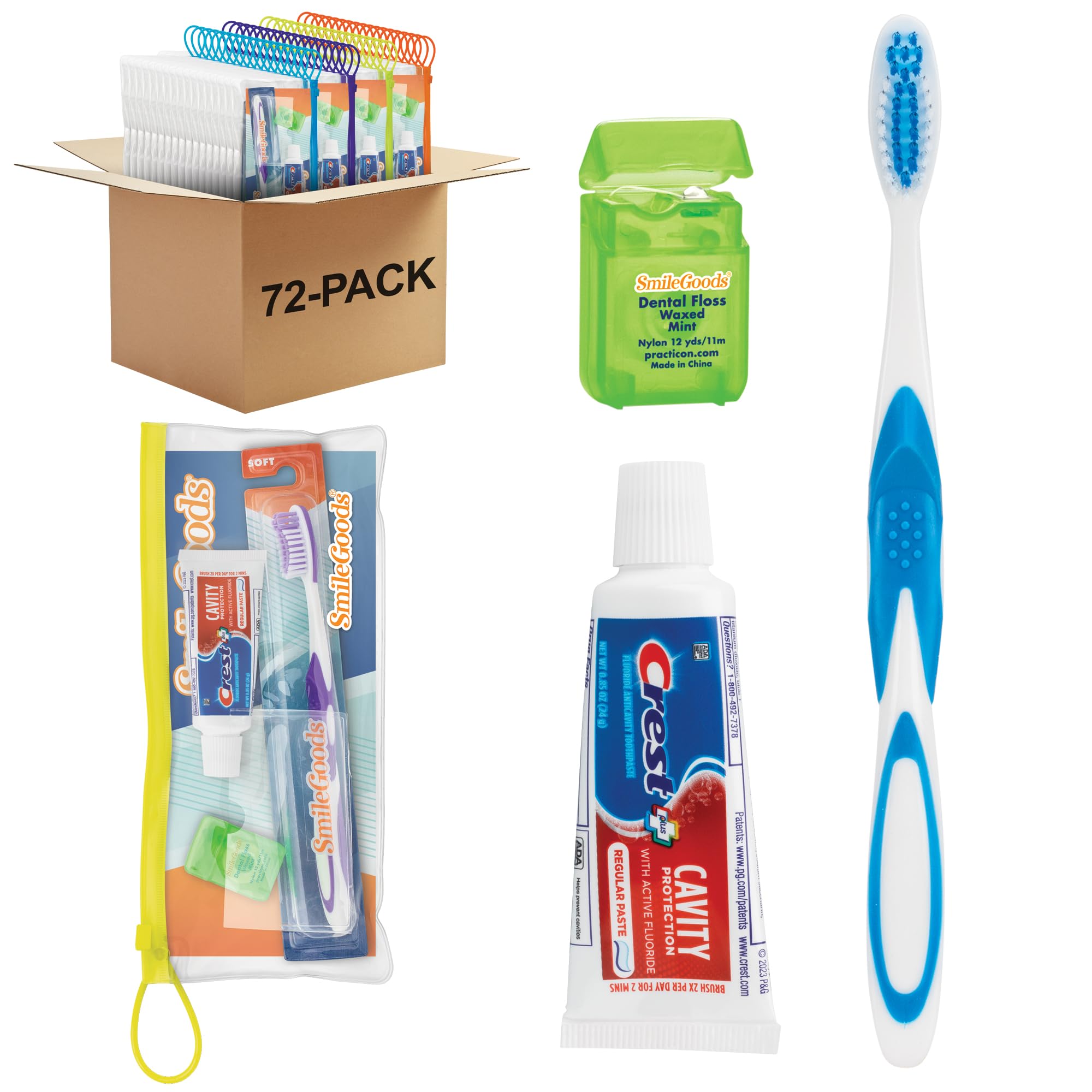 Practicon SmileGoods Adult Dental Care Kit with Toothbrush, Toothpaste, and Floss, Pack of 72