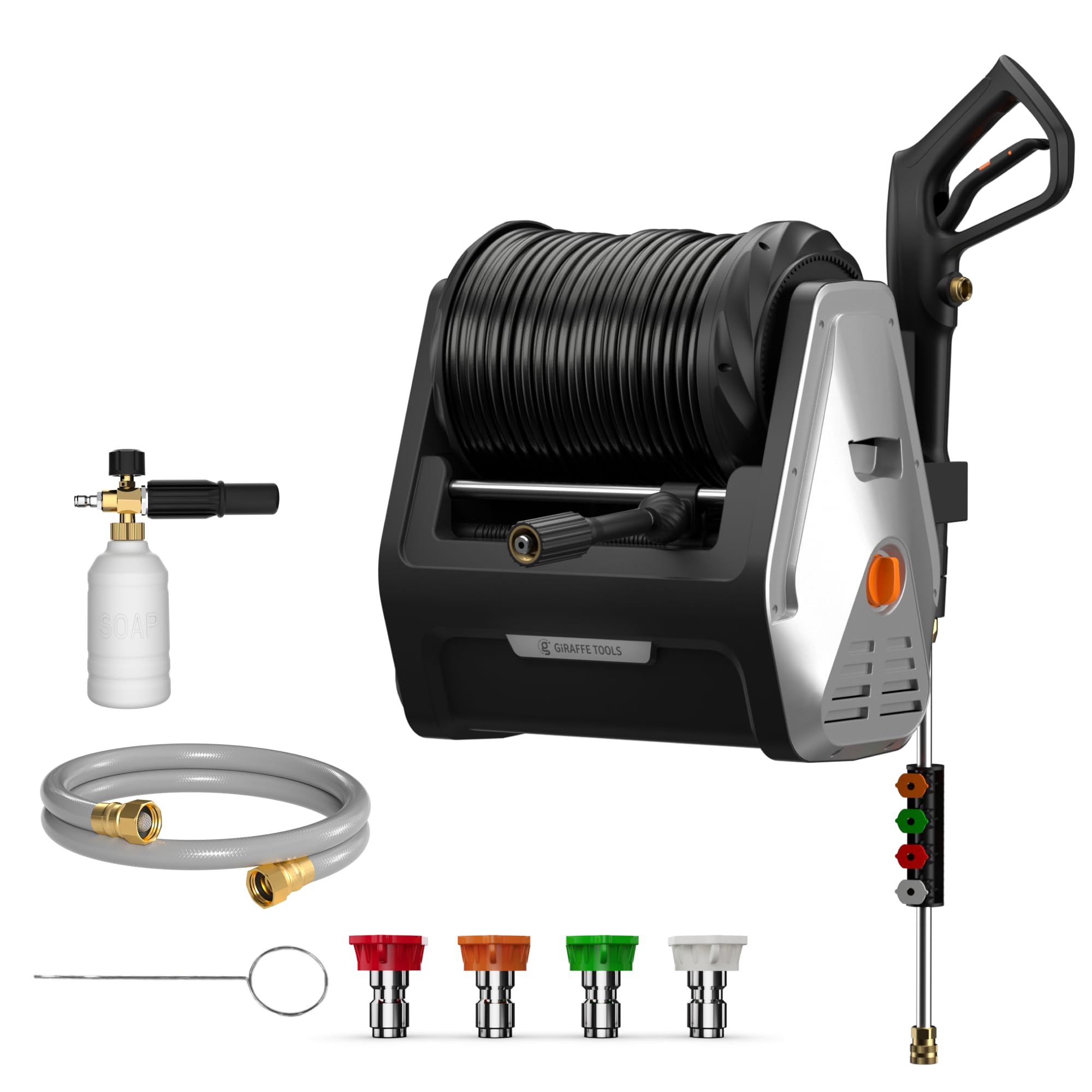 Giraffe Tools Grandfalls Pressure Washer, Max 2400 PSI, 2.0 GPM Electric Wall Mounted Power Washer with 100ft Retractable Pressure Hose, Foam Cannon, 4-Nozzles for Car/Driveways/Patios, Light Silver