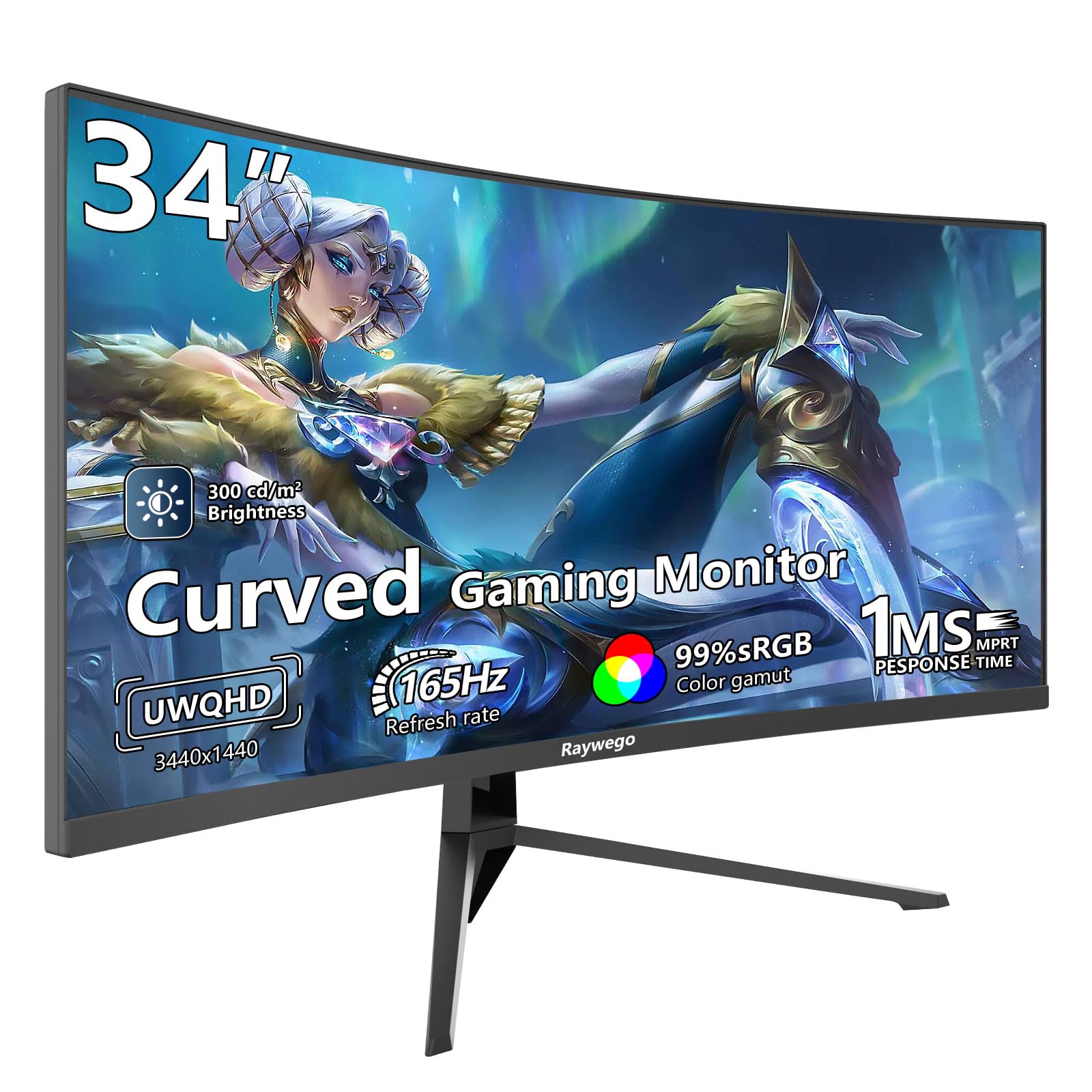 Raywego 34 inch Ultrawide Curved Computer Gaming Monitor 165Hz UWQHD 3440x1440,1500R -PIP,1ms (MPRT),HDR, 300nits, sRGB99%,FreeSync,HDMI2.0(TMDS) x2,DP1.4 x2,Eye Care,Support
