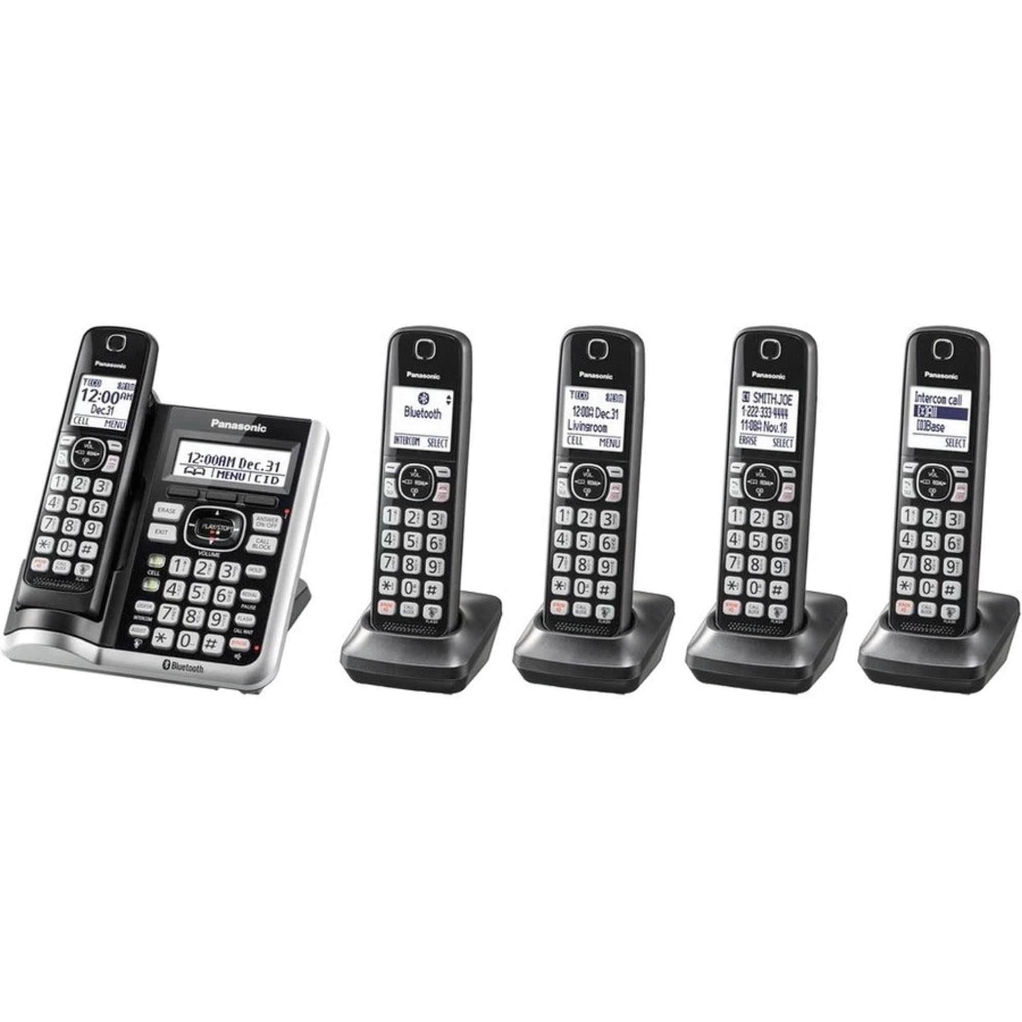 Panasonic Link2Cell Bluetooth Cordless Phone System with Voice Assistant, Call Block & Answering Machine, Battery Powered, Expandable Home Phone with 5 Handsets â€“ KX-TGF575S (Black with Silver Trim)