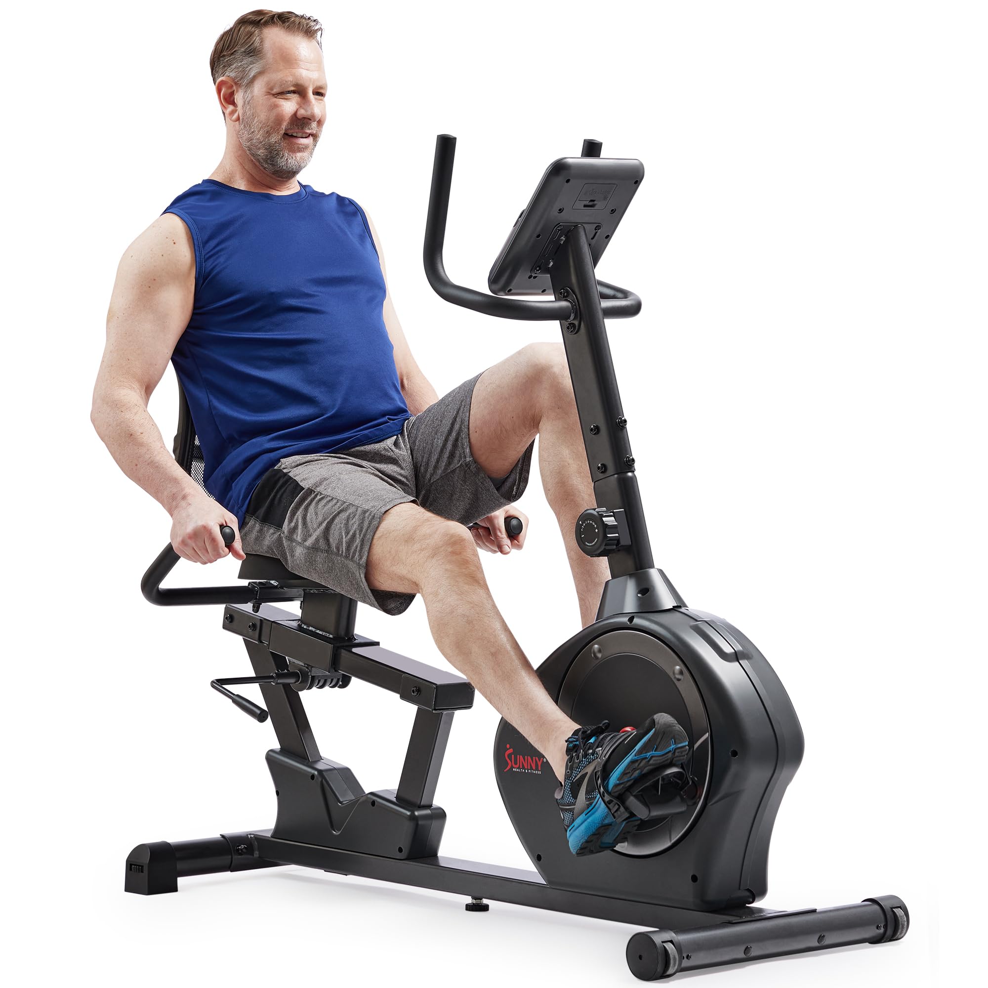 Sunny Health & Fitness Smart Recumbent Bike Exercise Machine, 350LB Weight Capacity, Non-Crank Design, Adjustable Cushion Seat for Adult/Seniors Workout at Home, Exclusive SunnyFit App Bluetooth Link
