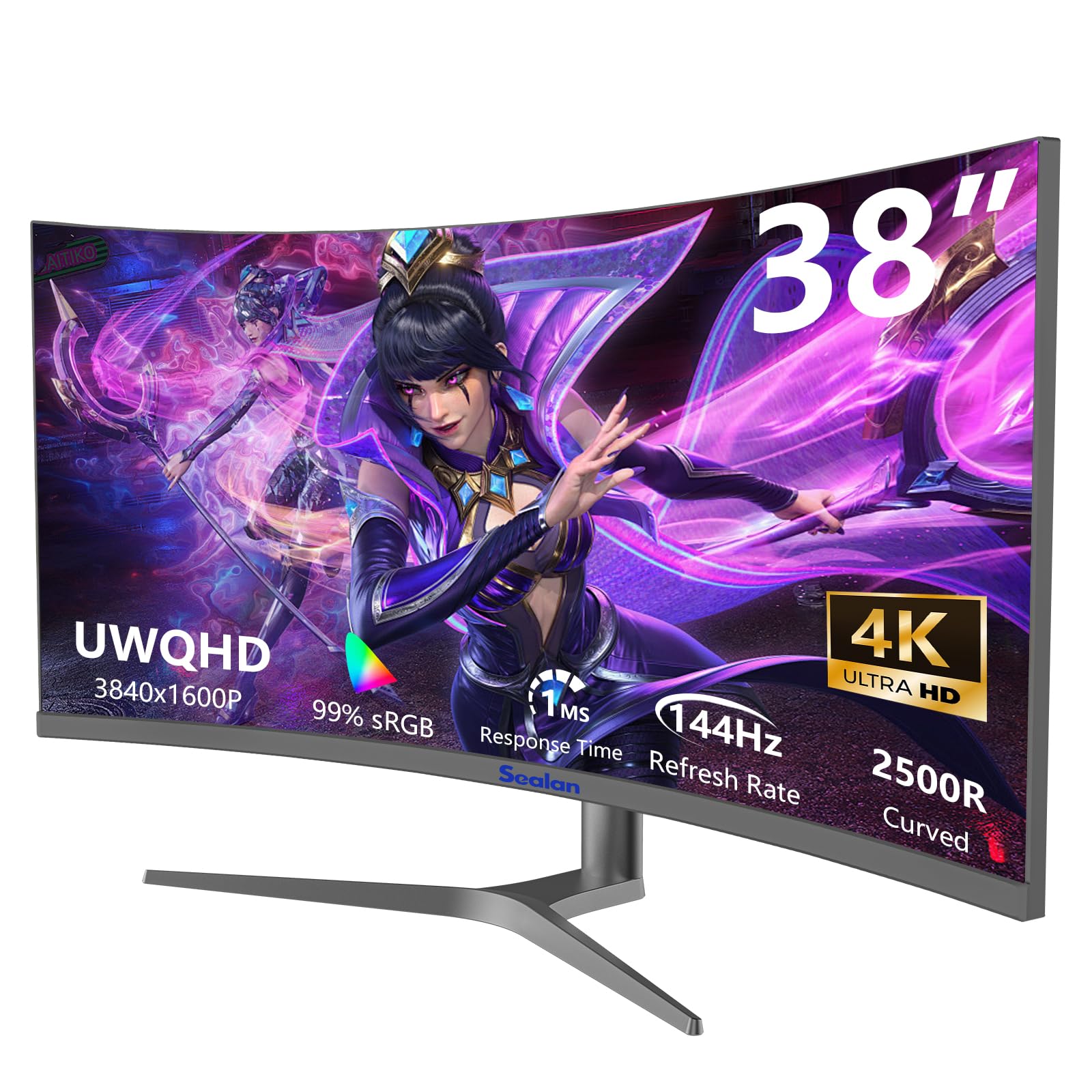 Sealan 38inch Curved Ultrawide Gaming Monitor,4K144Hz,UWQHD(3840 x 1600p) R2500 Frameless,DCI-P3, 99% sRGB, 1ms Response Time, Eyecare ，FreeSync,HDMI2.0(TMDS) x2,DP1.4 x2