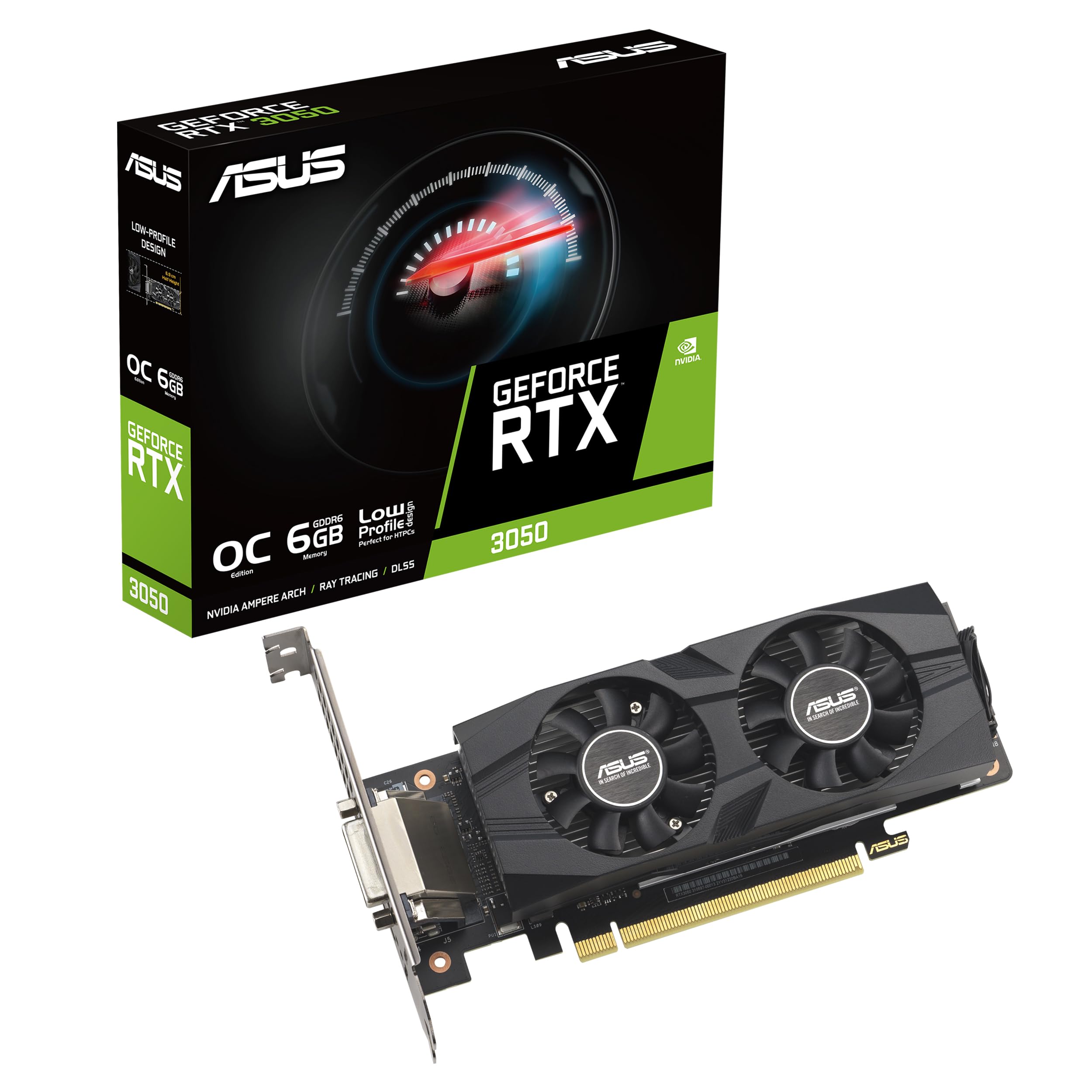 ASUS GeForce RTX™ 3050 LP BRK OC Edition 6GB GDDR6 (IP5X dust Resistance, Dual Ball Bearings, Stainless Steel Bracket, PCIe 4.0, DLSS 3, HDMI 2.1, DisplayPort 1.4a, DVI-D and More)