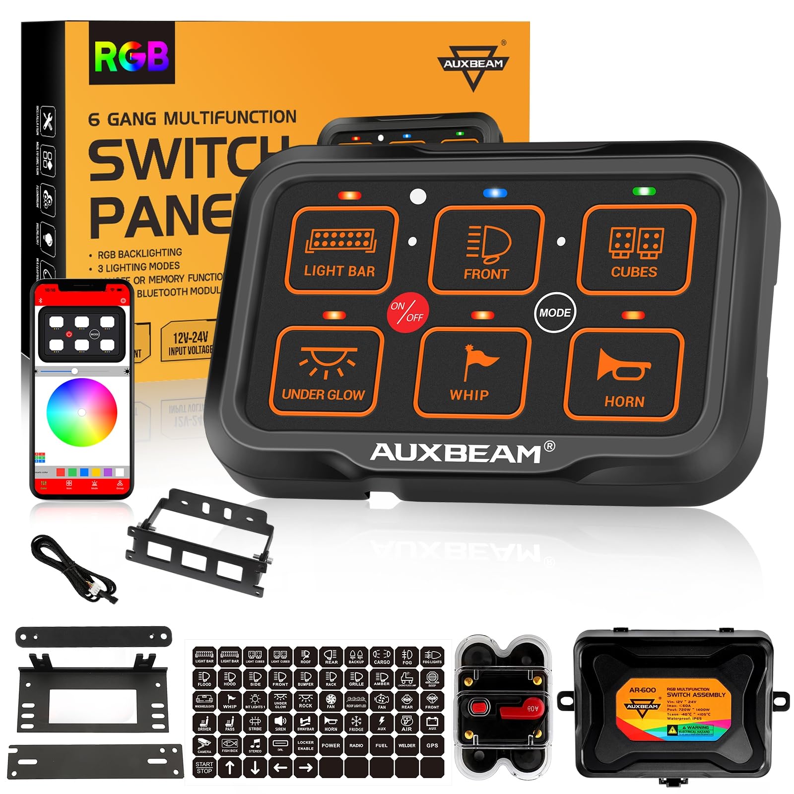 Auxbeam 6 Gang Switch Panel Bluetooth AR-600 RGB Large Button Auxiliary Switch w/Toggle Momentary Pulsed Switch Pod Backlit Off Waterproof 12-24V Panel Pod for UTV Boat Truck RV 2 Years Warranty