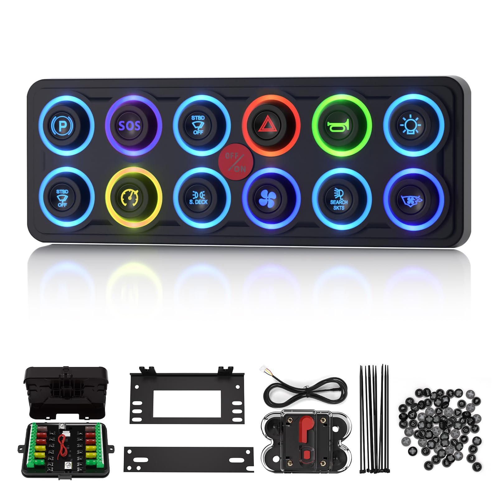 MaySpare Switch Panel Upgraded Multicolored Toggle Momentary Pulse Panel,Electronic Relay System for Yachts Trucks Off-Road Vehicles RVs SUVs UTVs ATVs- IP68 Waterproof (12 Gang Switch Panel)