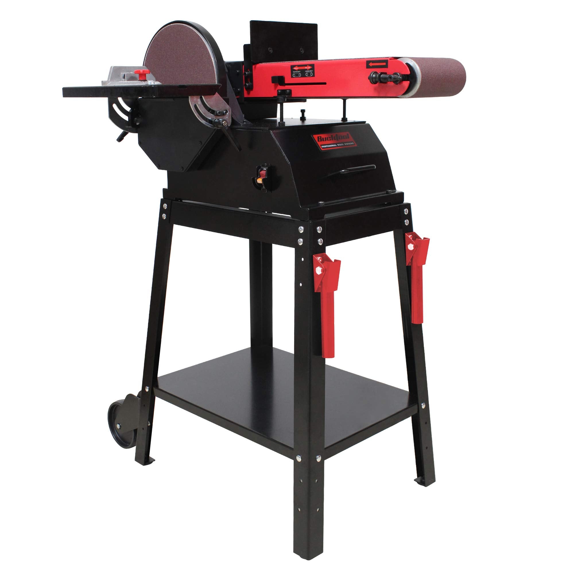 BUCKTOOL Powerful 1-1/2 HP Bench Belt Sander for Wood Working 6 in. x 48 in. Belt and 10 in. Disc Sander with Movable Stand BD61000
