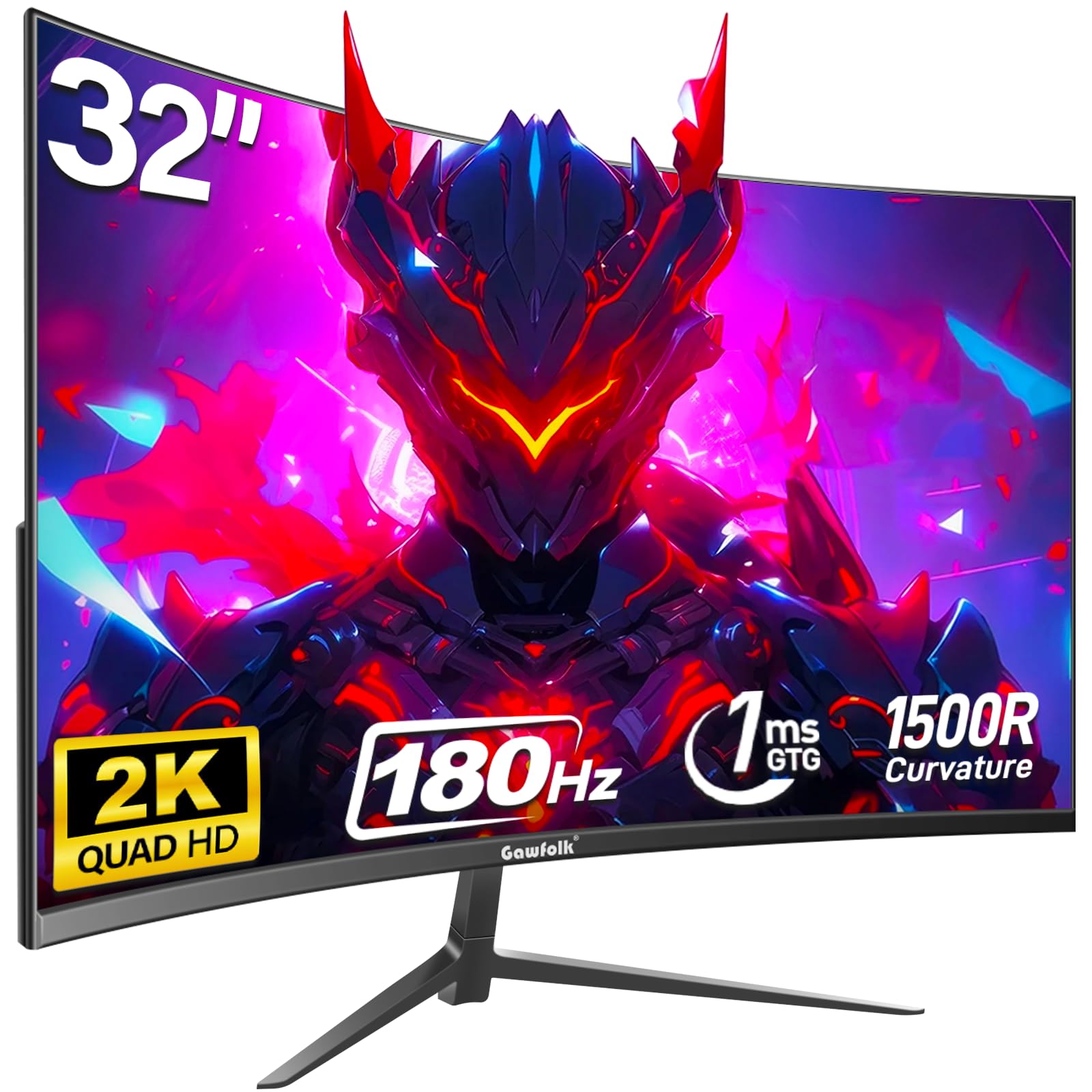 Gawfolk 32 inch Curved Monitor 144hz/180hz Gaming Monitor 1500R QHD (2560x1440p) 2k Computer Monitor Screen with FreeSync, DisplayPort, HDMI, Wall Mountable