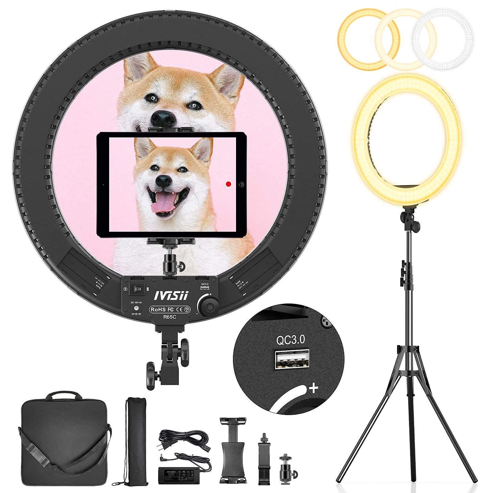 IVISII 18 inch Ring Light with Stand and Phone Holder & Ball Head, 60W Bi-Color 3000-5800K, Professional Ring Light with Tripod for Makeup, Vlog, Tattoo, Large Ring Light for Phone, Camera, Tablet