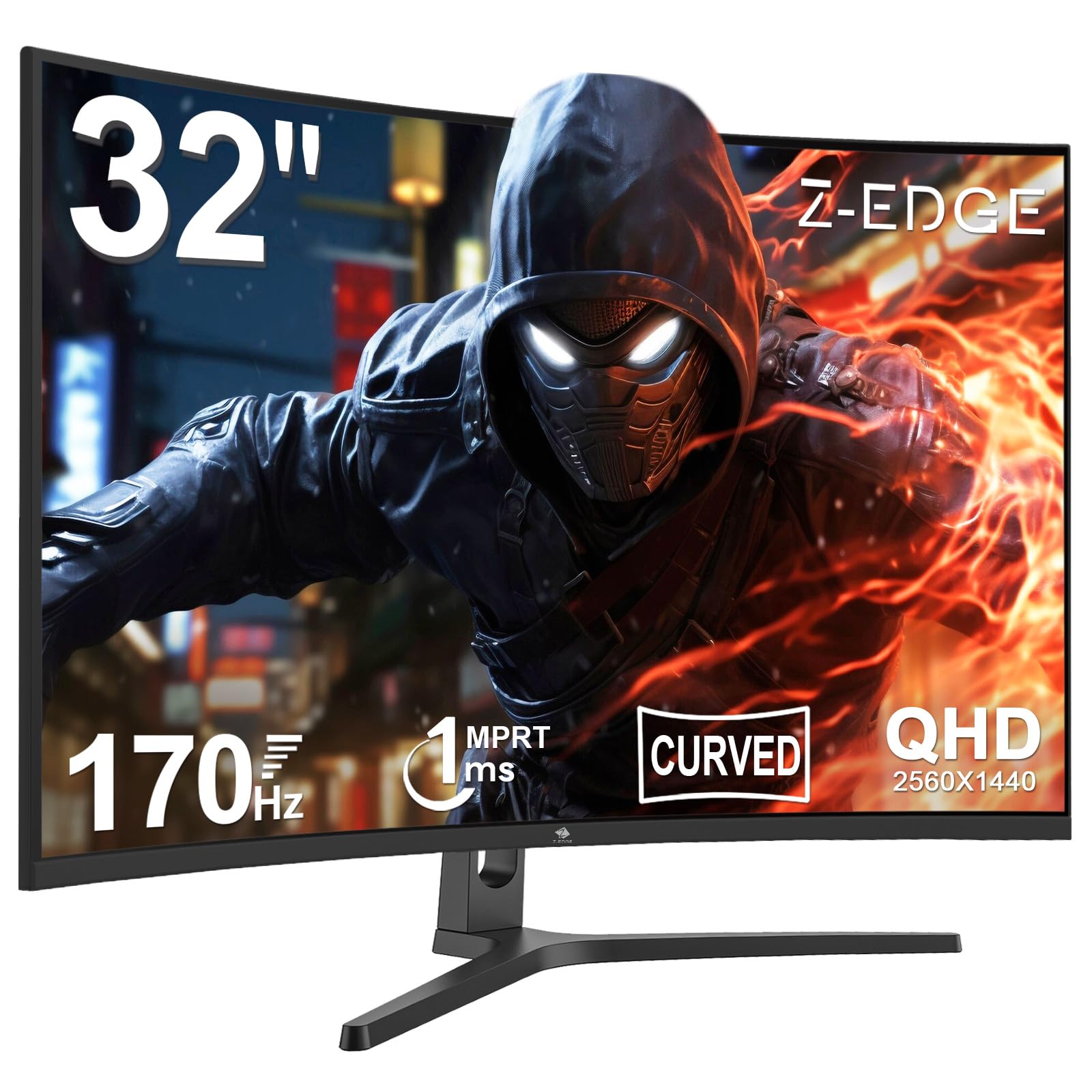Z-Edge 32 inch Curved Gaming Monitor, 16:9 QHD 2K 2560x1440 170/144Hz 1ms Frameless LED Gaming Monitor, AMD Freesync Premium Display Port HDMI