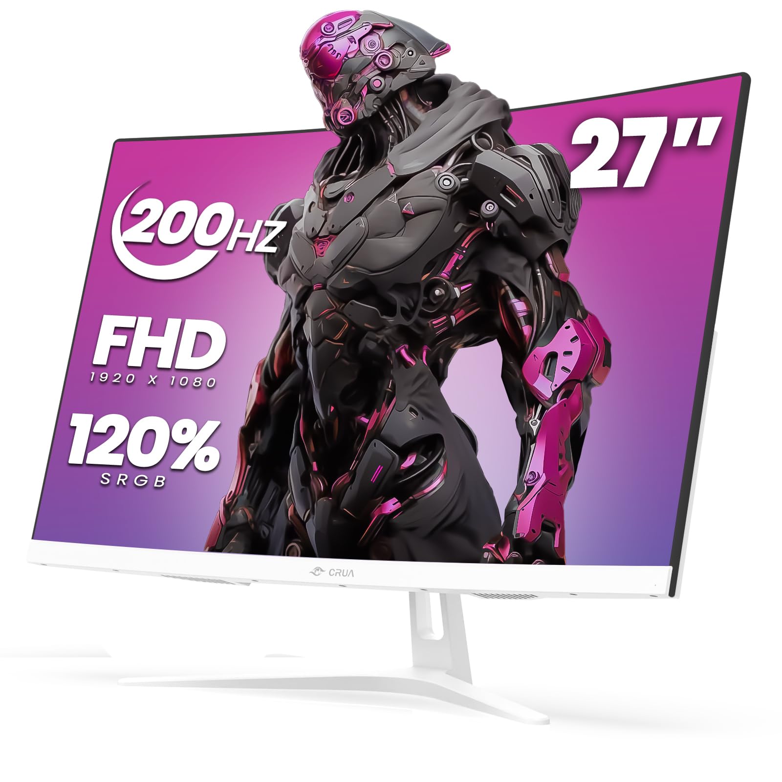 CRUA 27" Curved Gaming Monitor, FHD 1920x1080P, 165Hz/200Hz Computer Monitor, 1800R VA Screen, 120% sRGB, Support AMD FreeSync, Blue Light Filter, HDMI & DP, Wall Mount Install- White