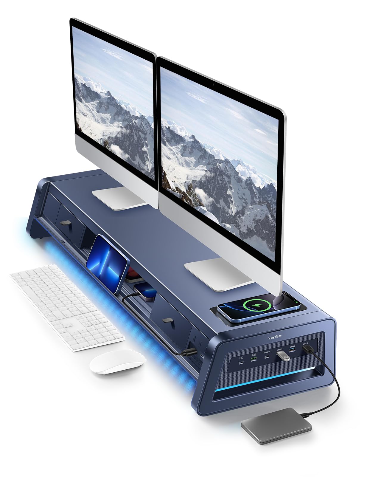 Vaydeer All-in-One Dual Monitor Stand Riser with 2 Drawers, 8USB Ports and Wireless Charging Pad with LED Light Strip for 2 Monitors , Desk Organizer for PC, iMac (Metal, 39.3 inches)